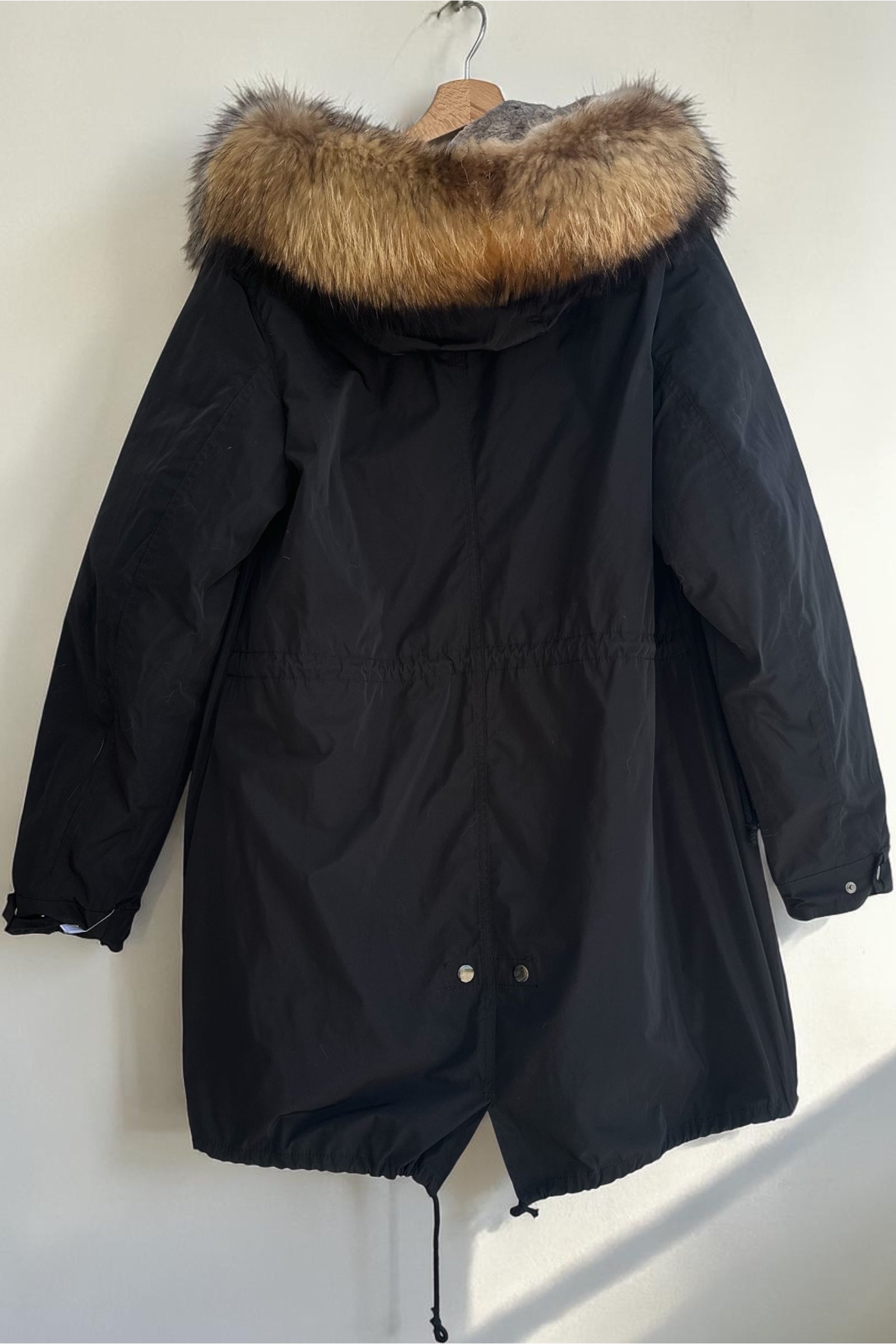 Black Parka with Raccoon Collar and Rex Lining