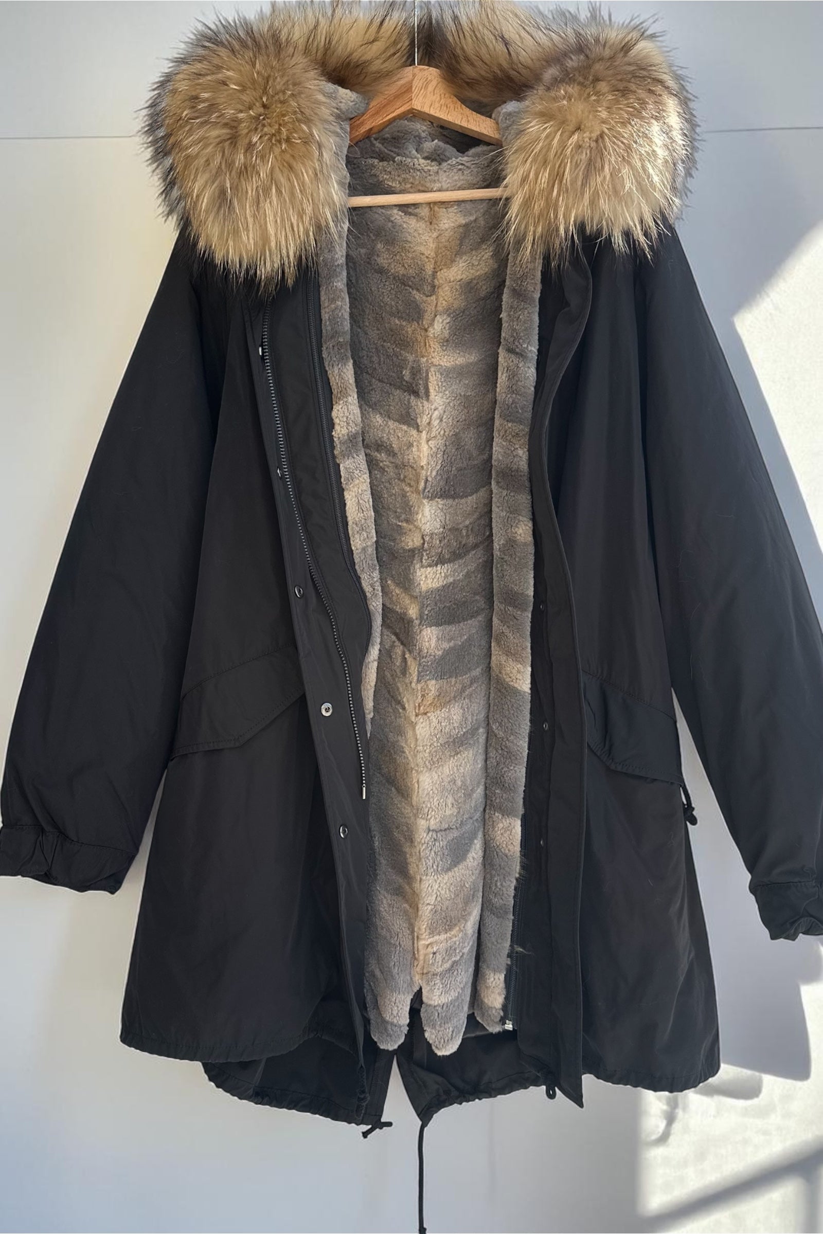 Black Parka with Raccoon Collar and Rex Lining