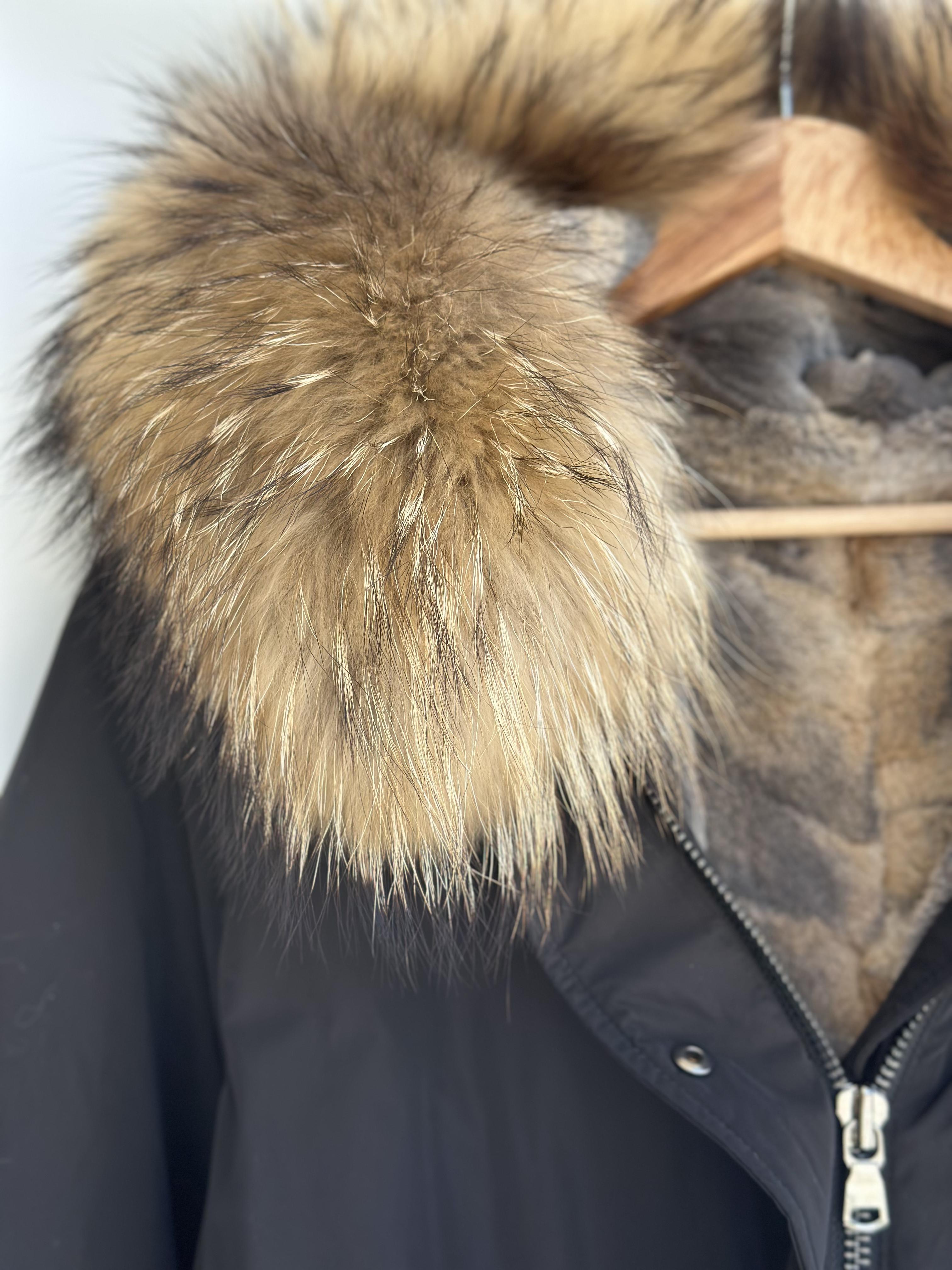 Black Parka with Raccoon Collar and Rex Lining