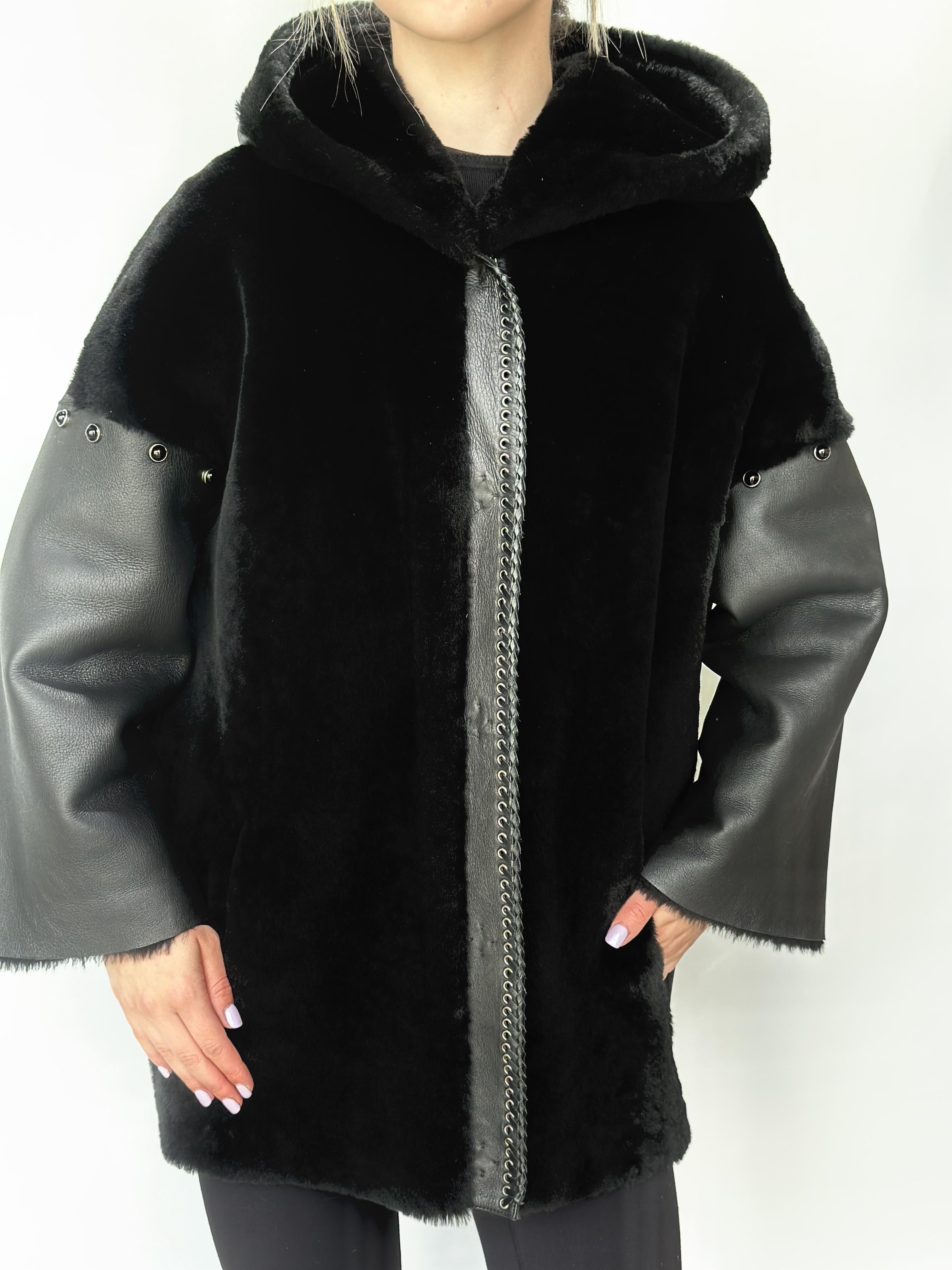 Black Sheepskin And Fur Coatw With Hood