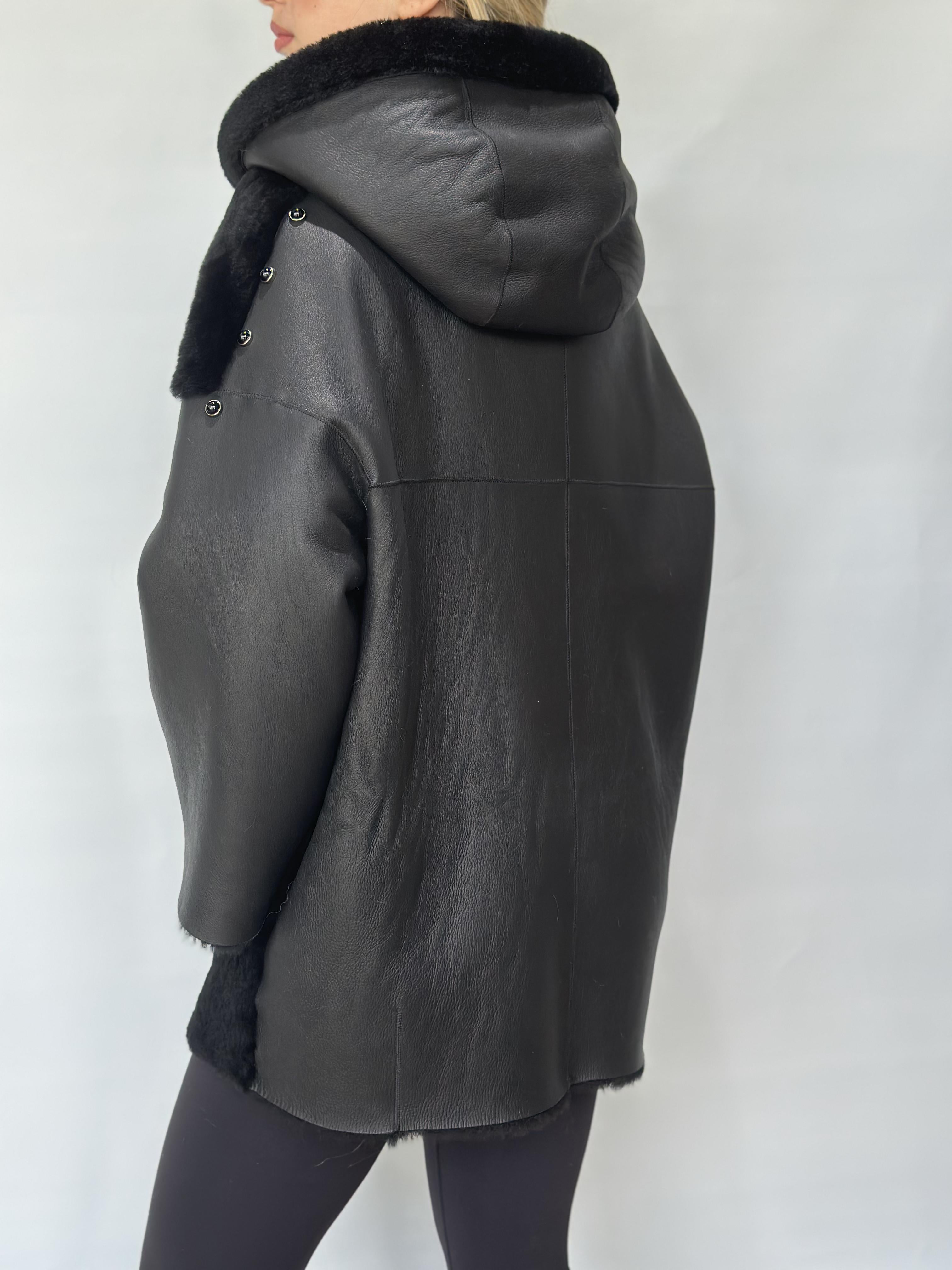 Black Sheepskin And Fur Coatw With Hood