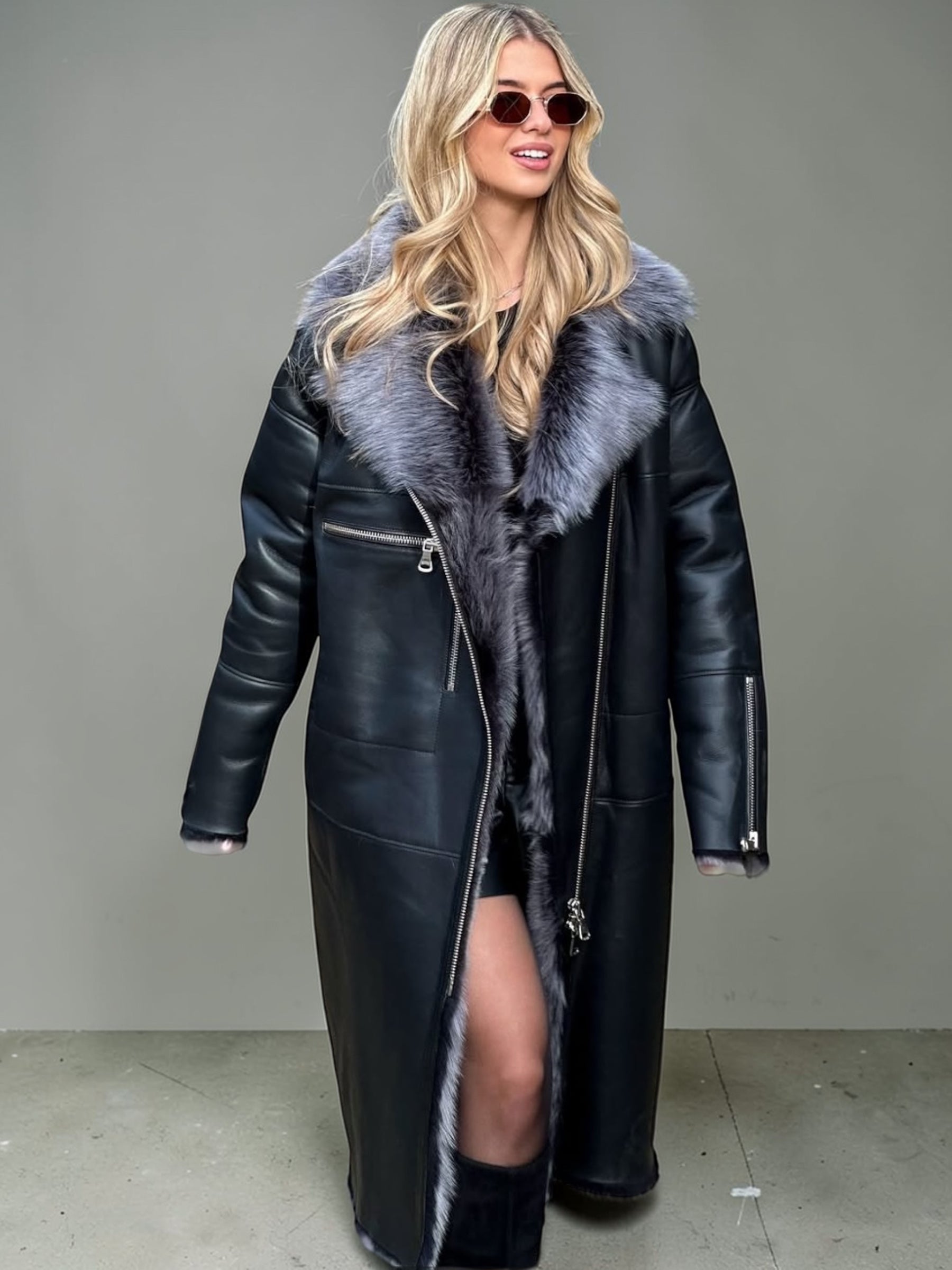 Black Sheepskin Coat with Fur Collar