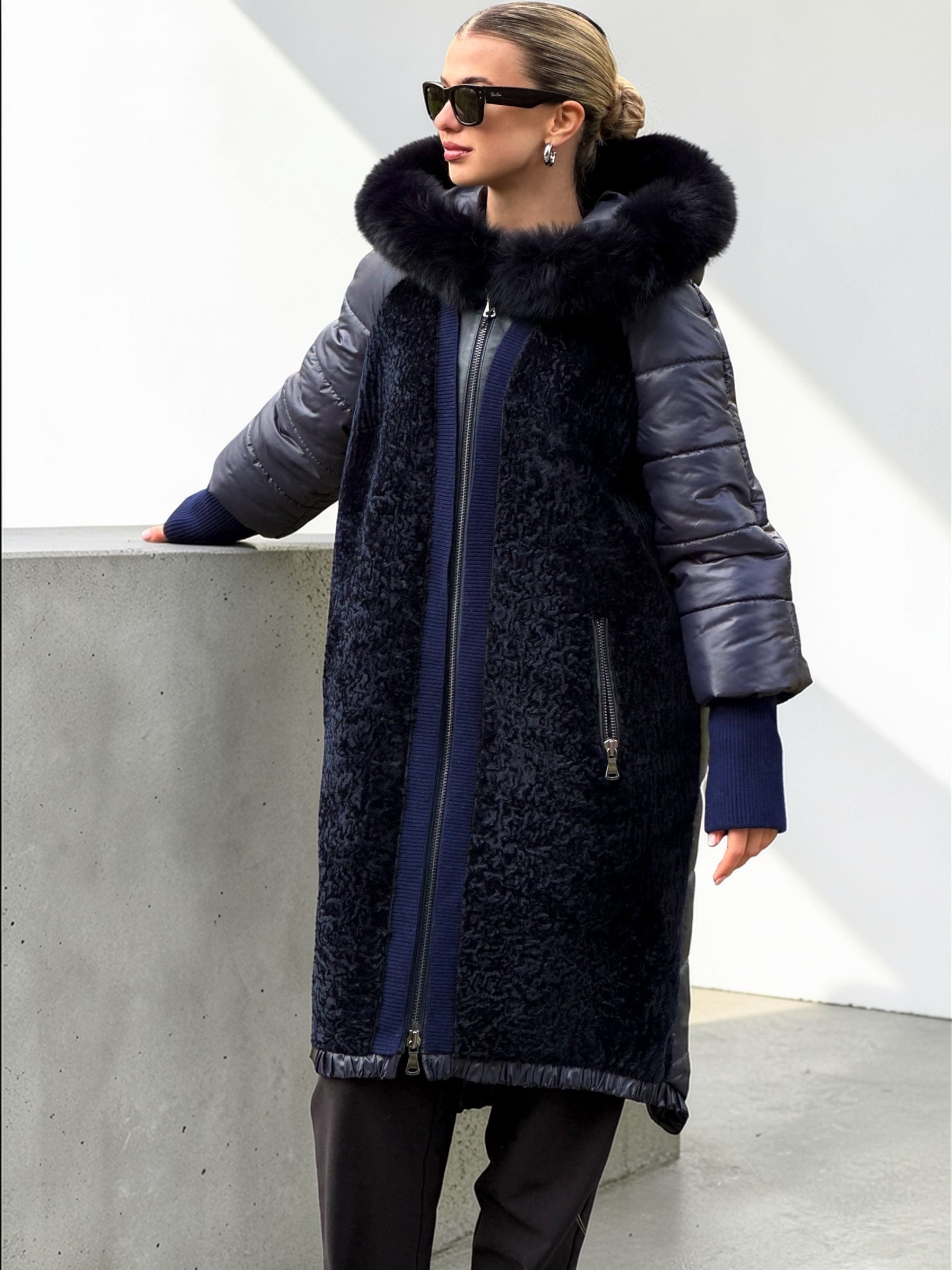 Black Sheepskin Long Jacket with Fur Collar