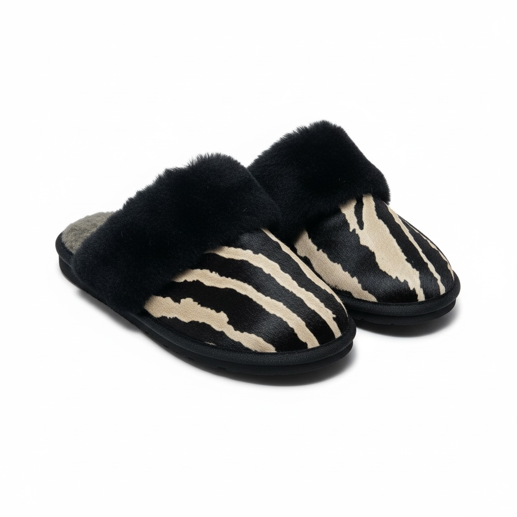 Black Zebra Print Fur with Mink Fur Trim Slippers