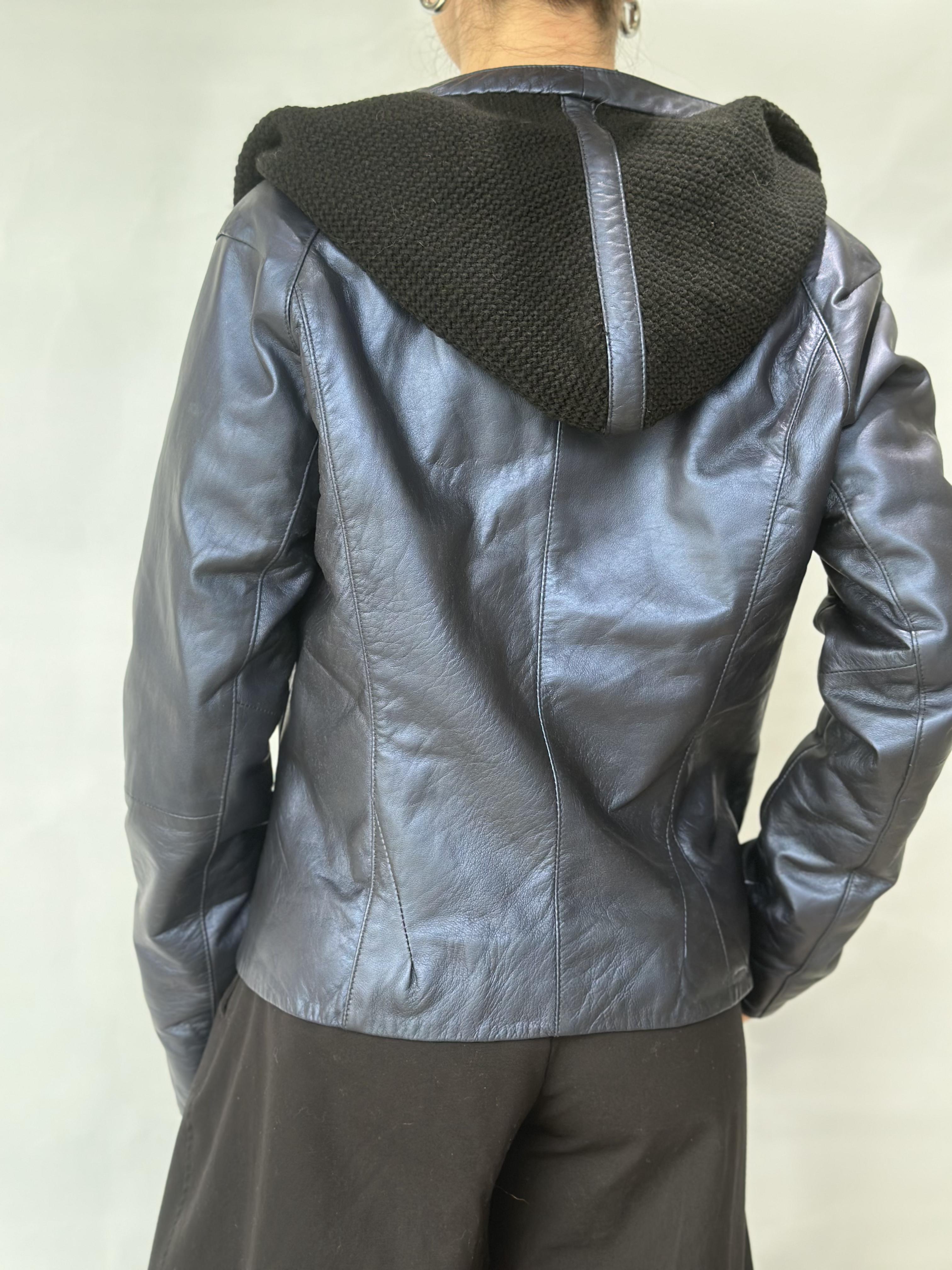 Blue-Black Leather Jacket Hooded