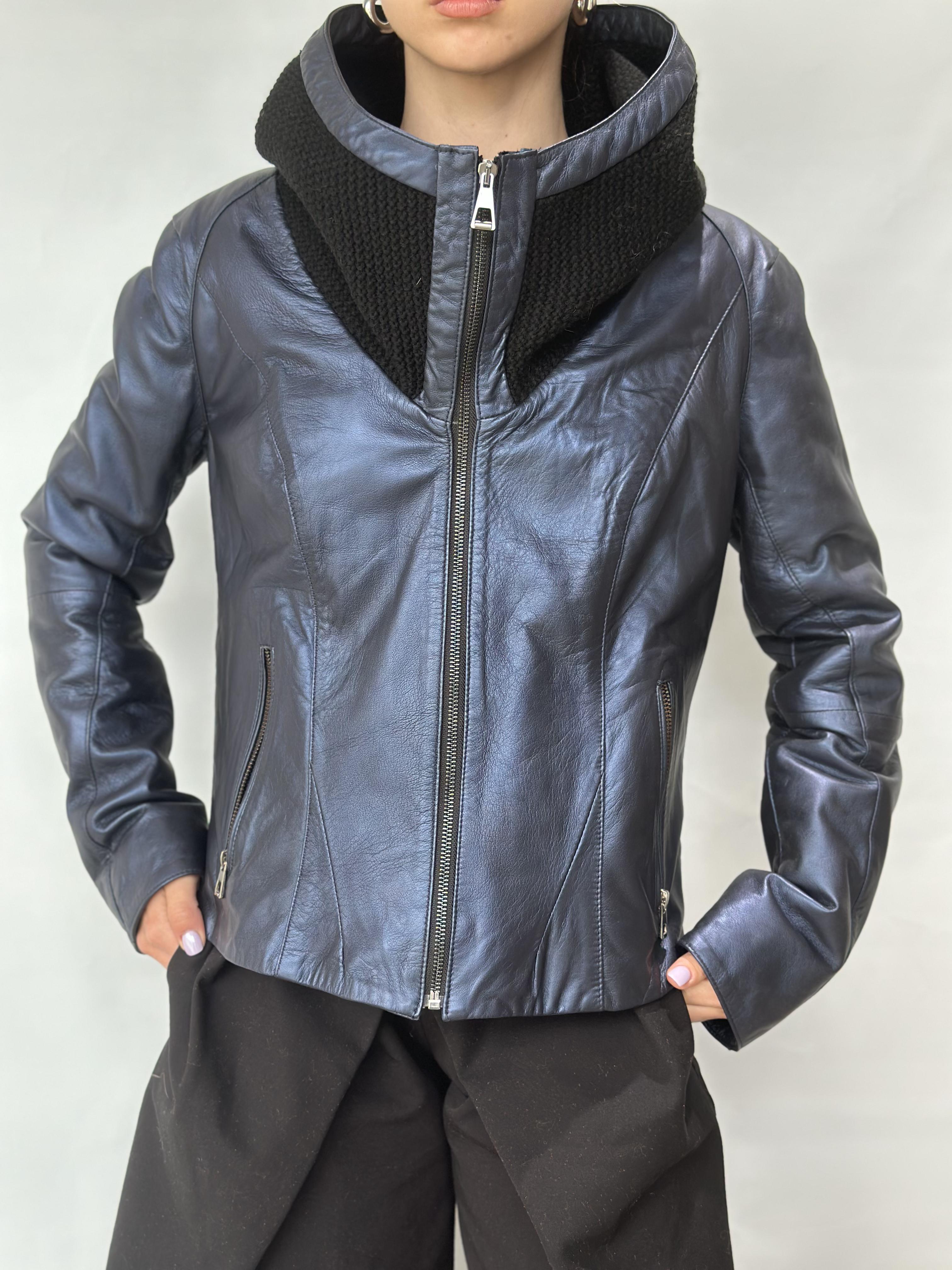 Blue-Black Leather Jacket Hooded