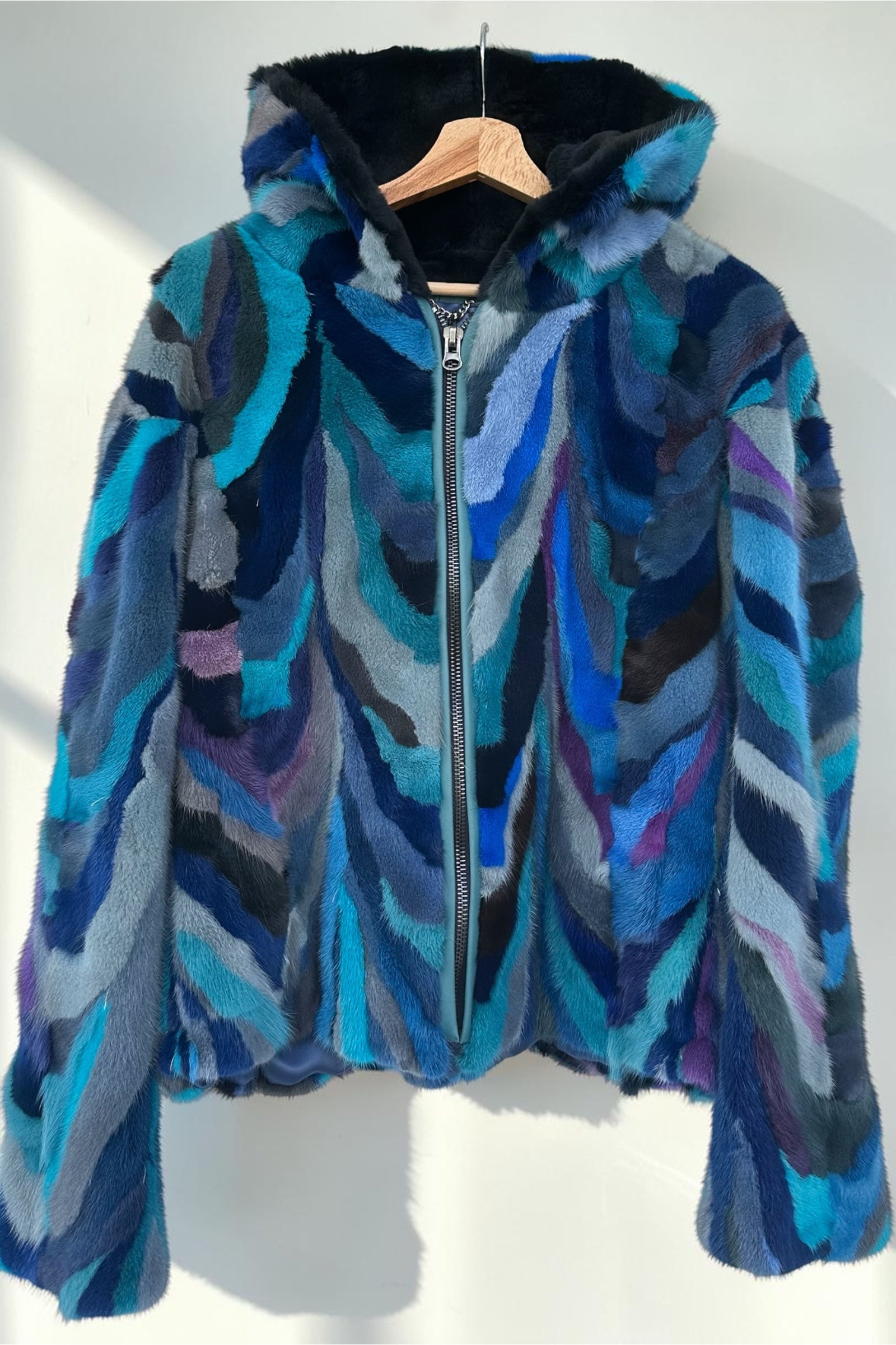 Blue Multi-color Mink Pieces Short Jacket With Hood