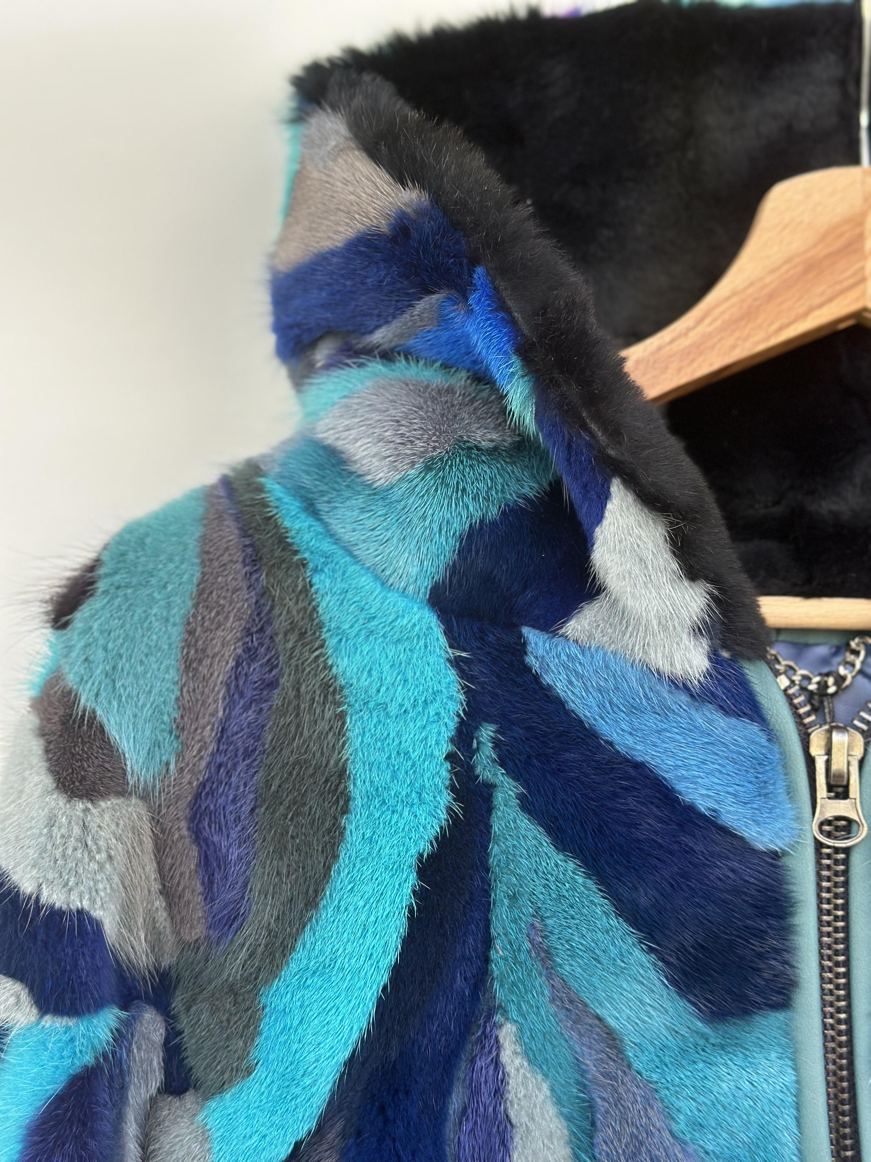 Blue Multi-color Mink Pieces Short Jacket With Hood