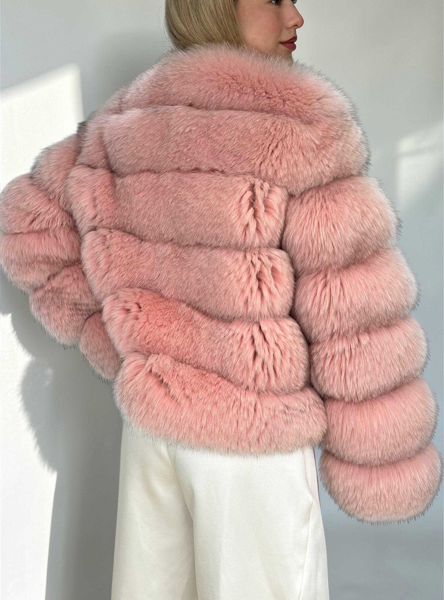 Blush Pink Fox Fur Horizontal Stripe Jacket
