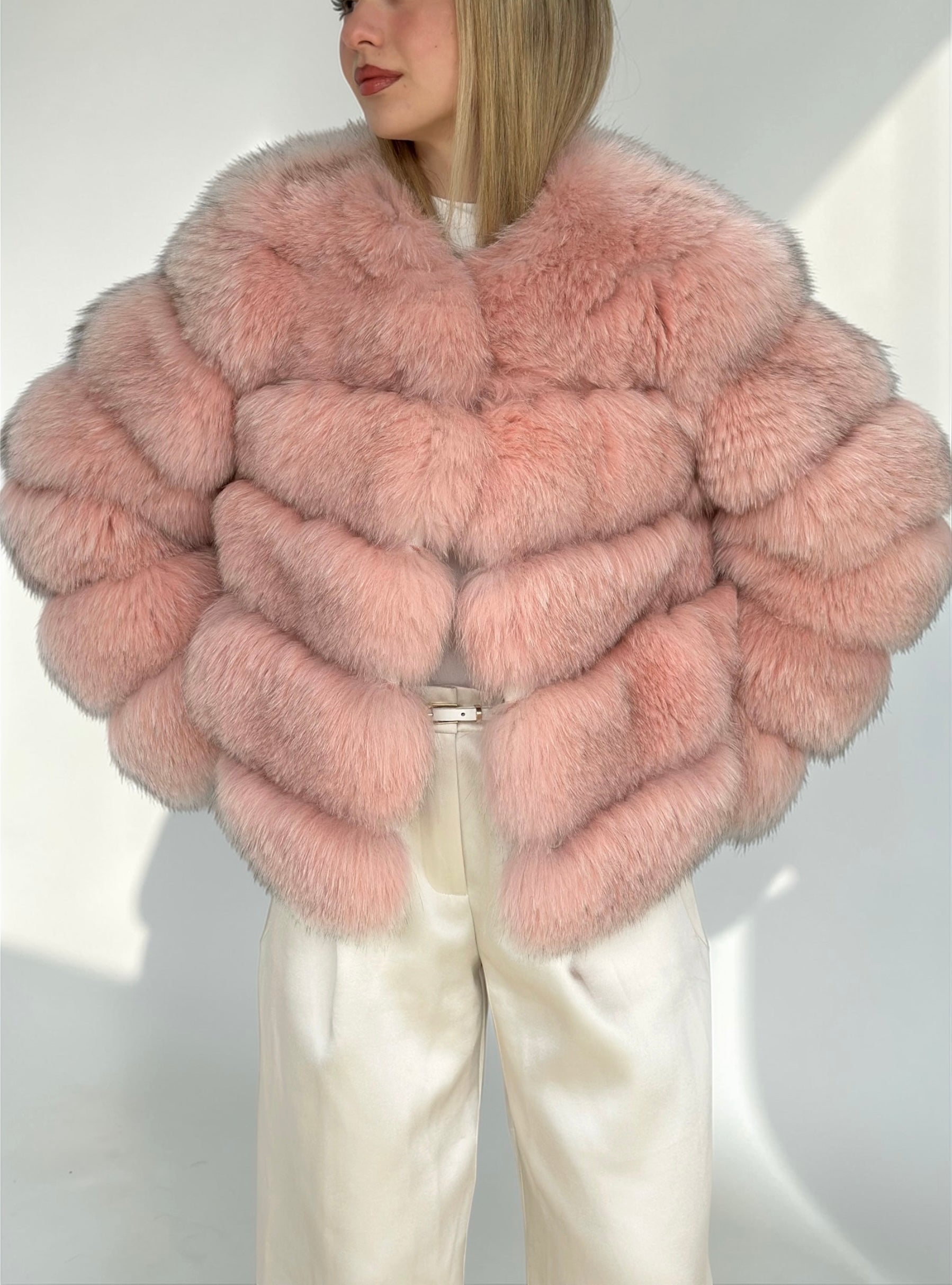 Blush Pink Fox Fur Horizontal Stripe Jacket