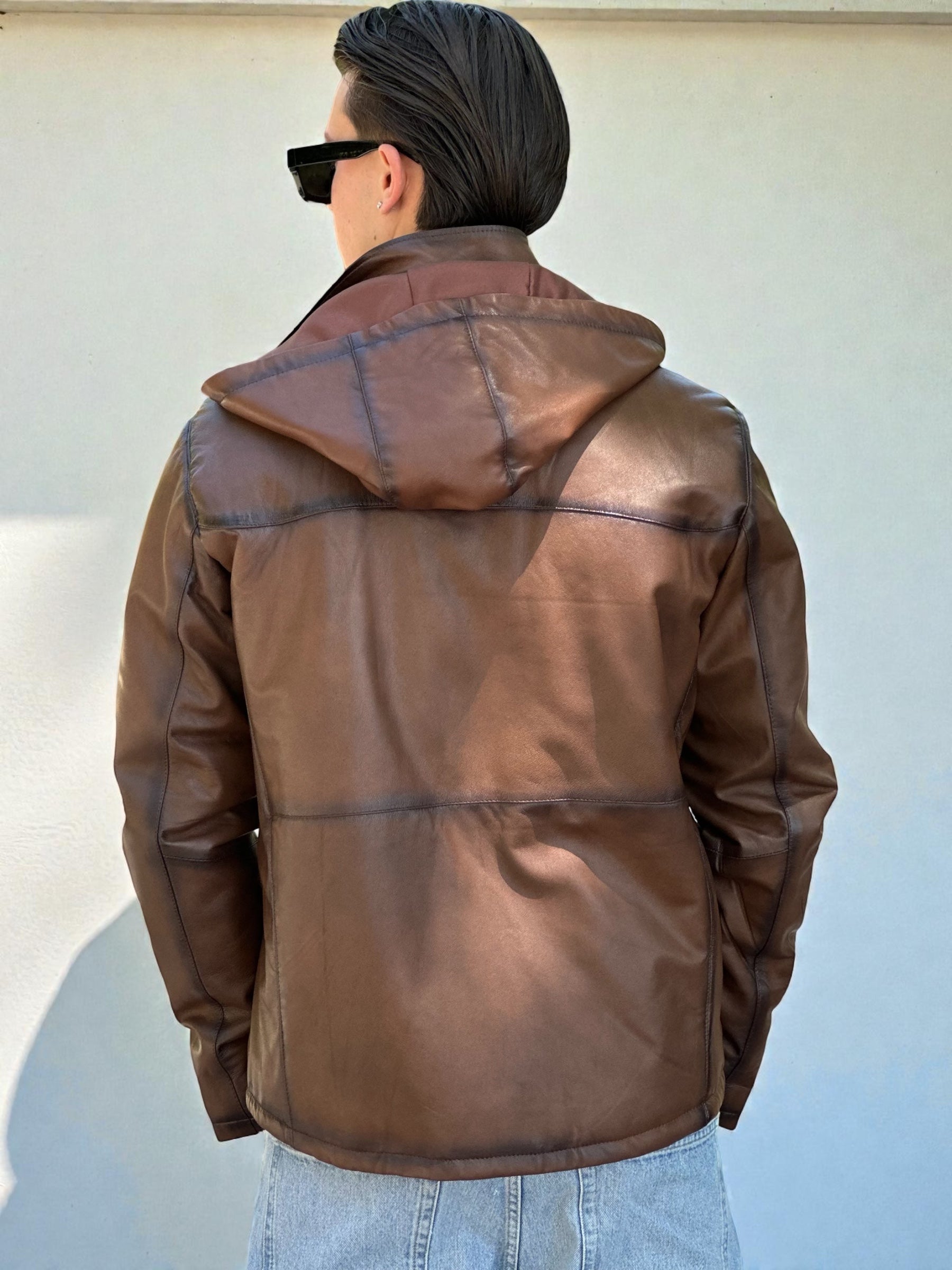 Brown Burnished Leather Hooded Jacket