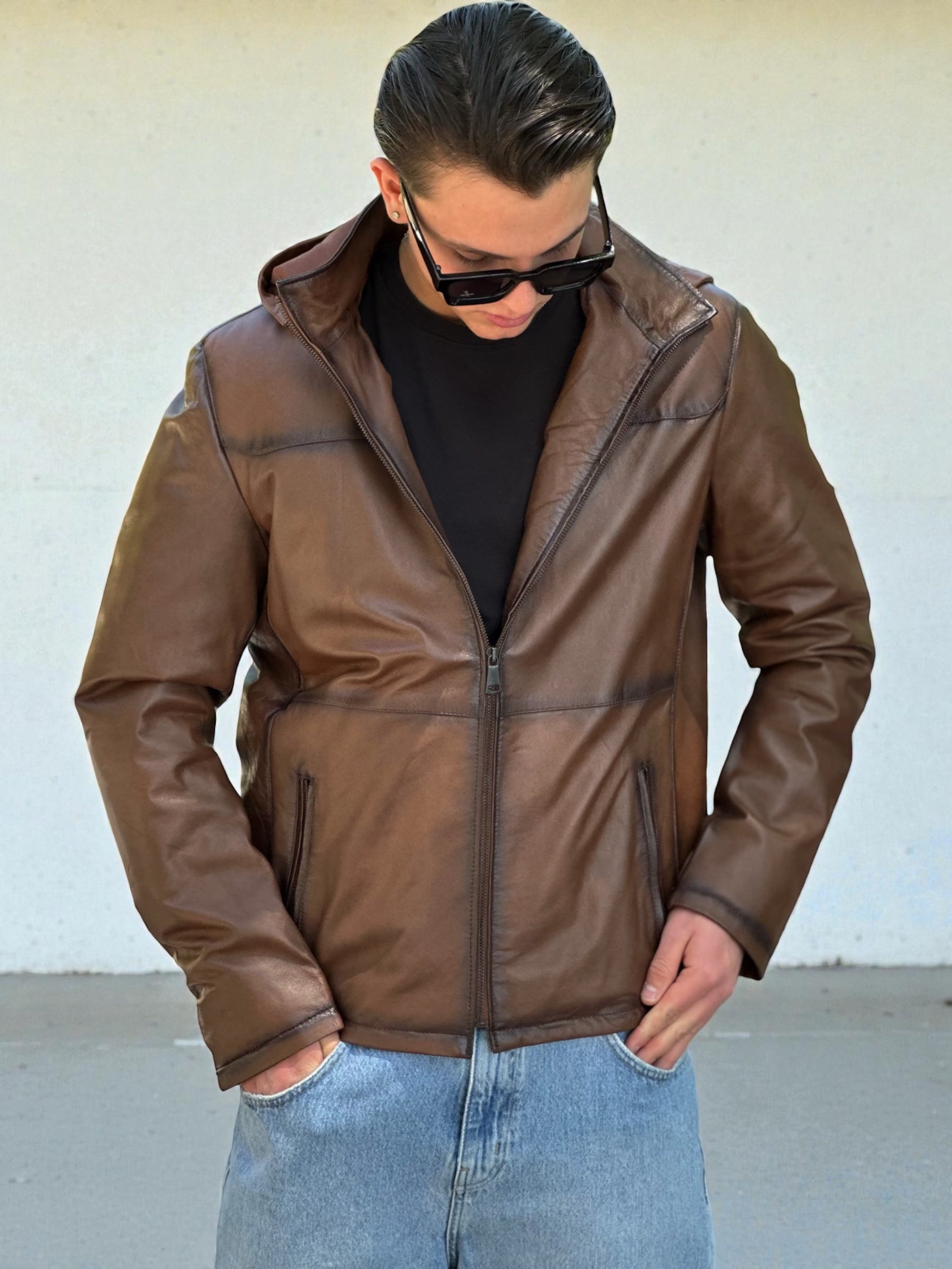Brown Burnished Leather Hooded Jacket