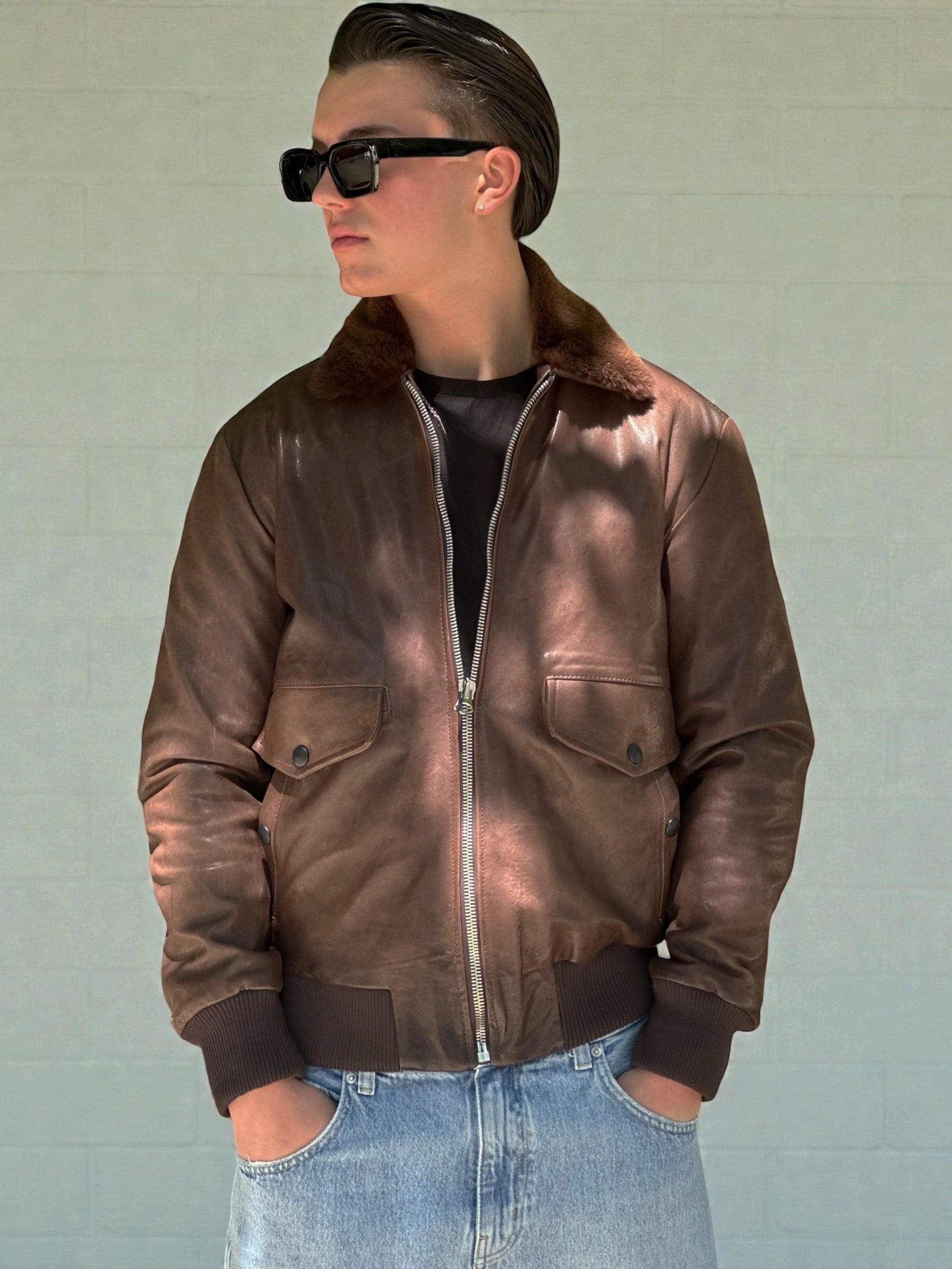 Brown Leather Bomber Jacket Fur Trim