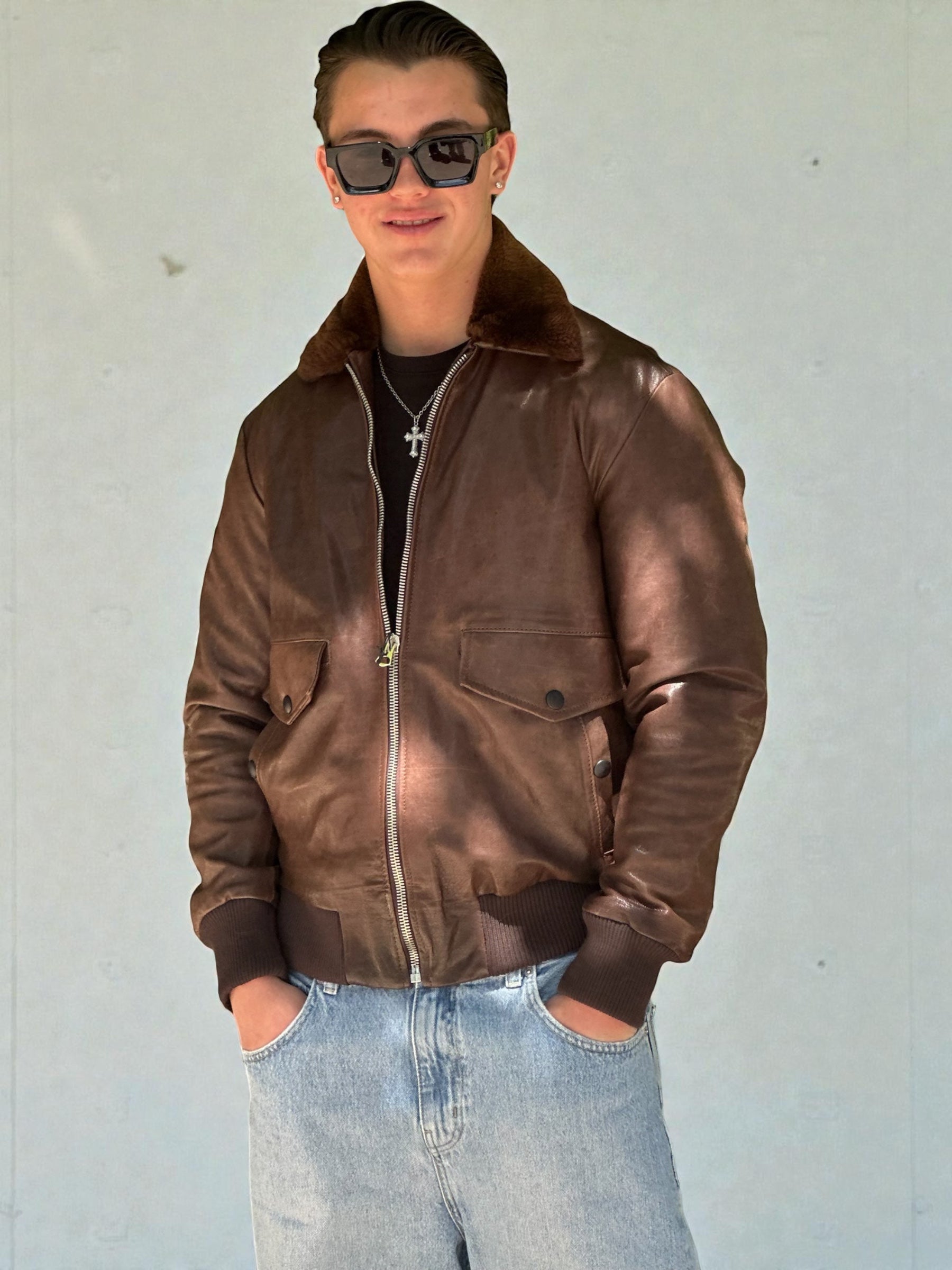 Brown Leather Bomber Jacket Fur Trim