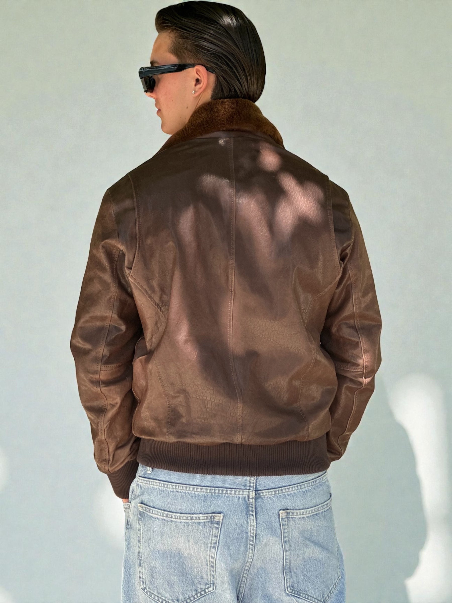 Brown Leather Bomber Jacket Fur Trim