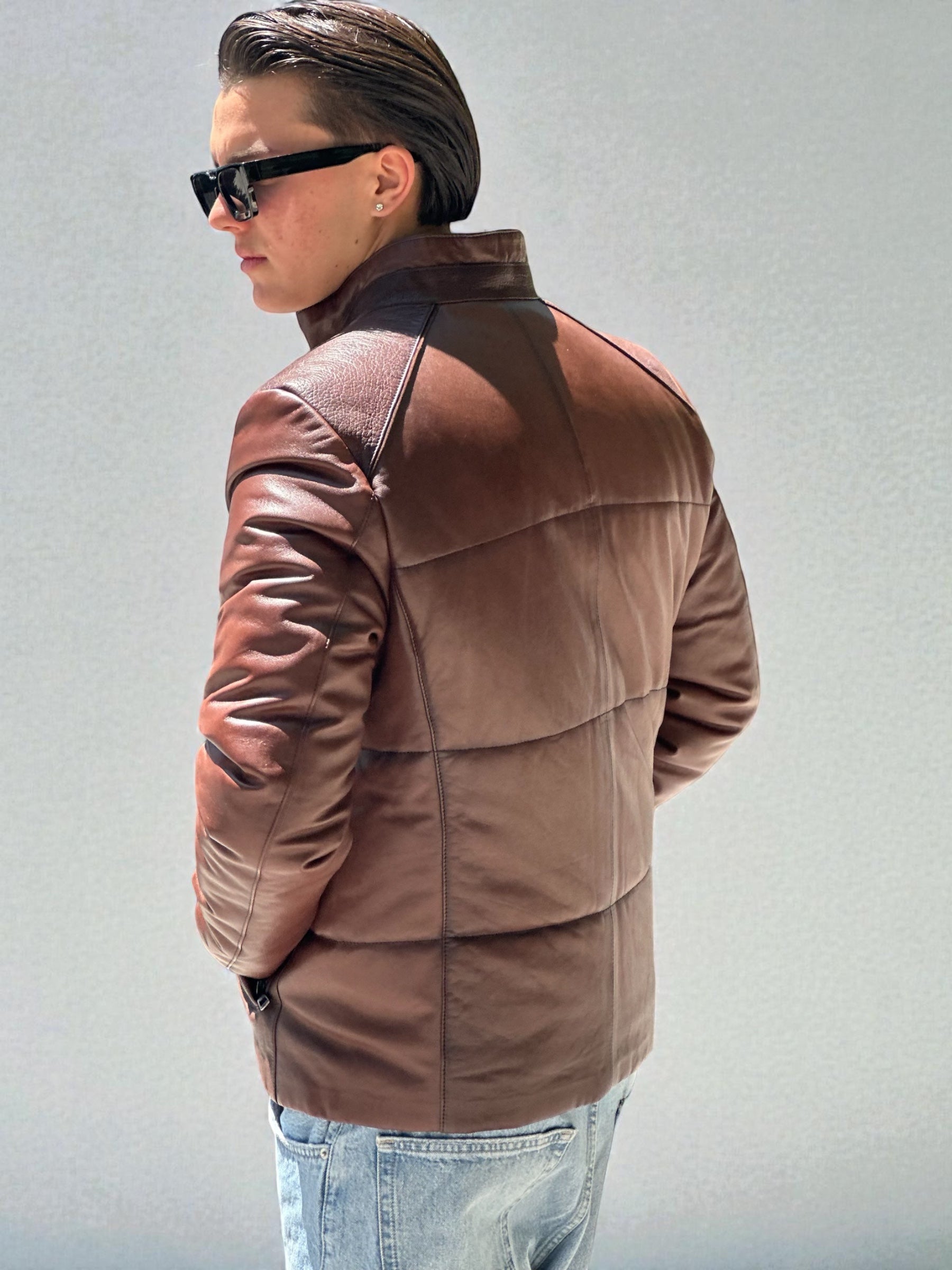 Brown Leather Jacket Padded Panel Detail