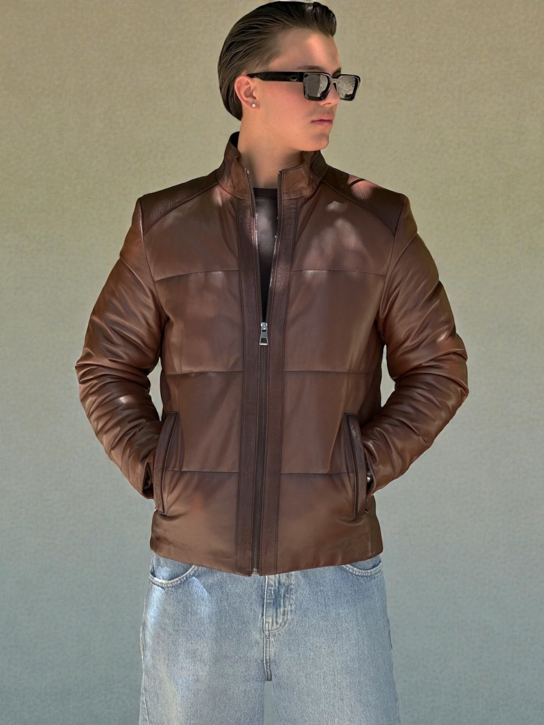 Brown Leather Jacket Padded Panel Detail
