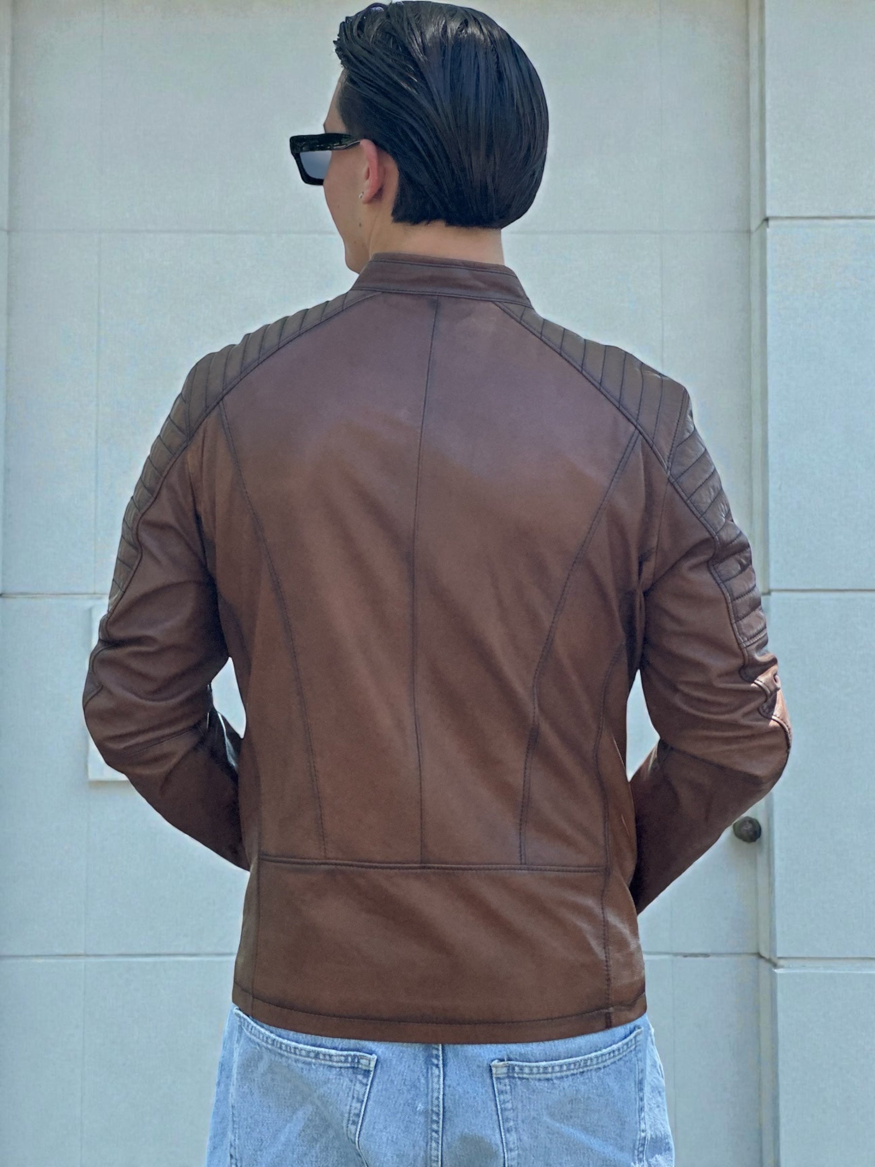 Brown Leather Jacket Quilted Shoulder Panels