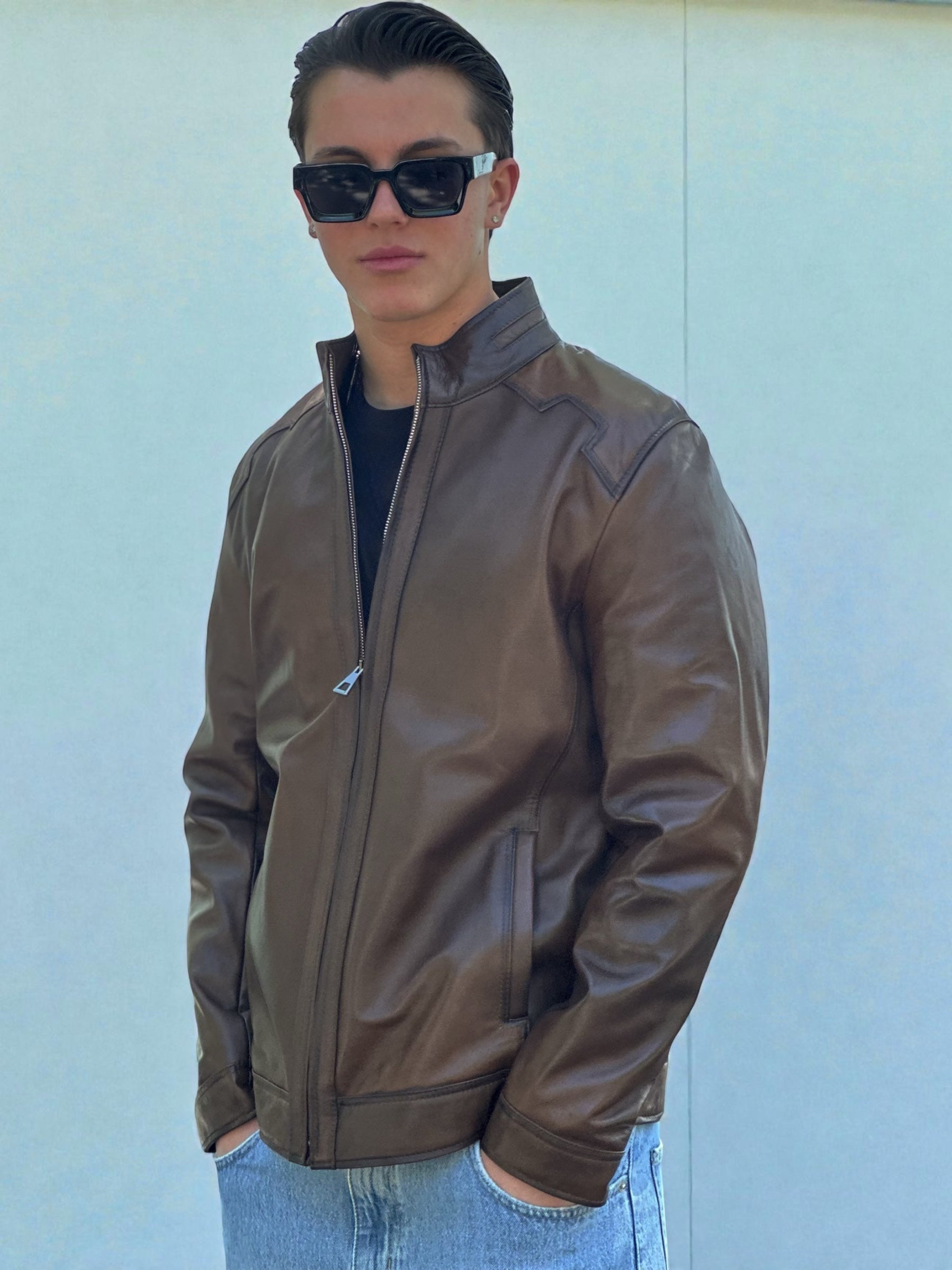 Brown Leather Racer Jacket Stand Up Collar