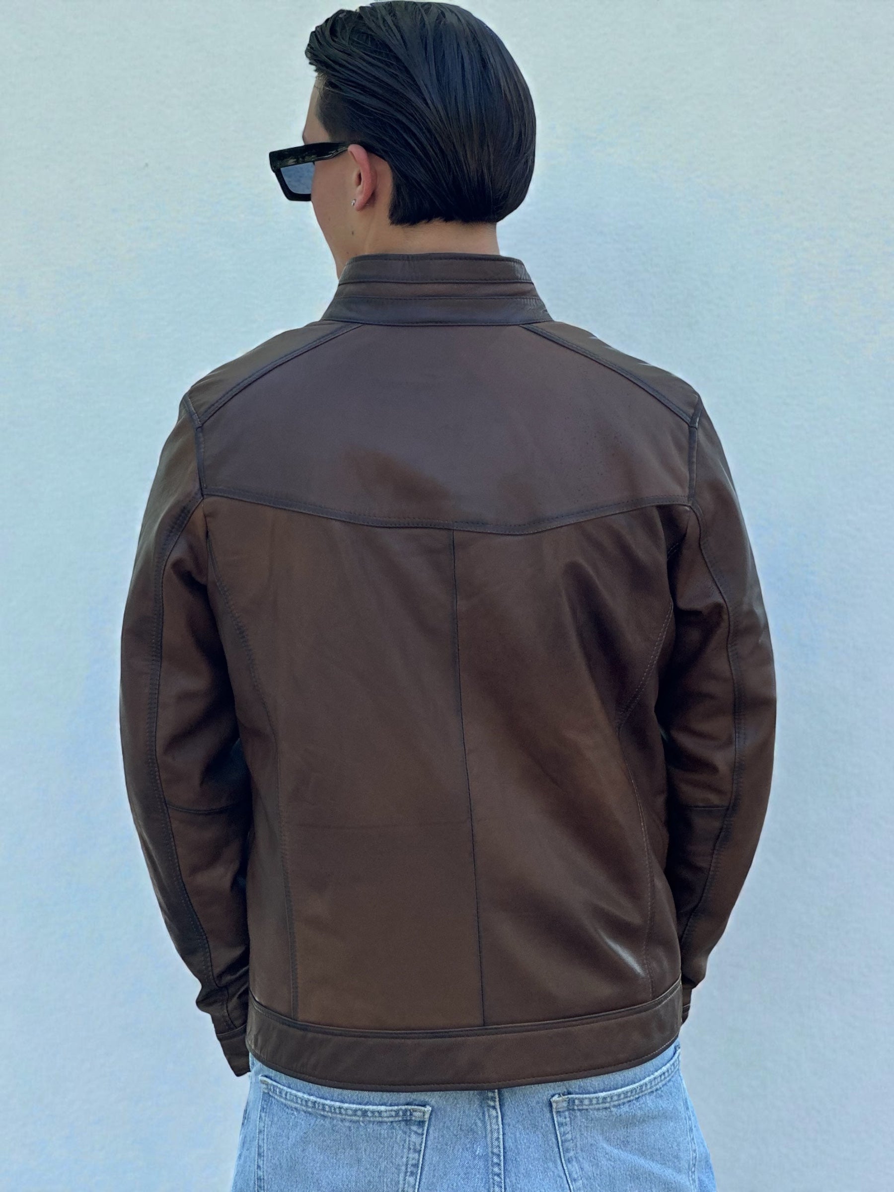 Brown Leather Racer Jacket Stand Up Collar