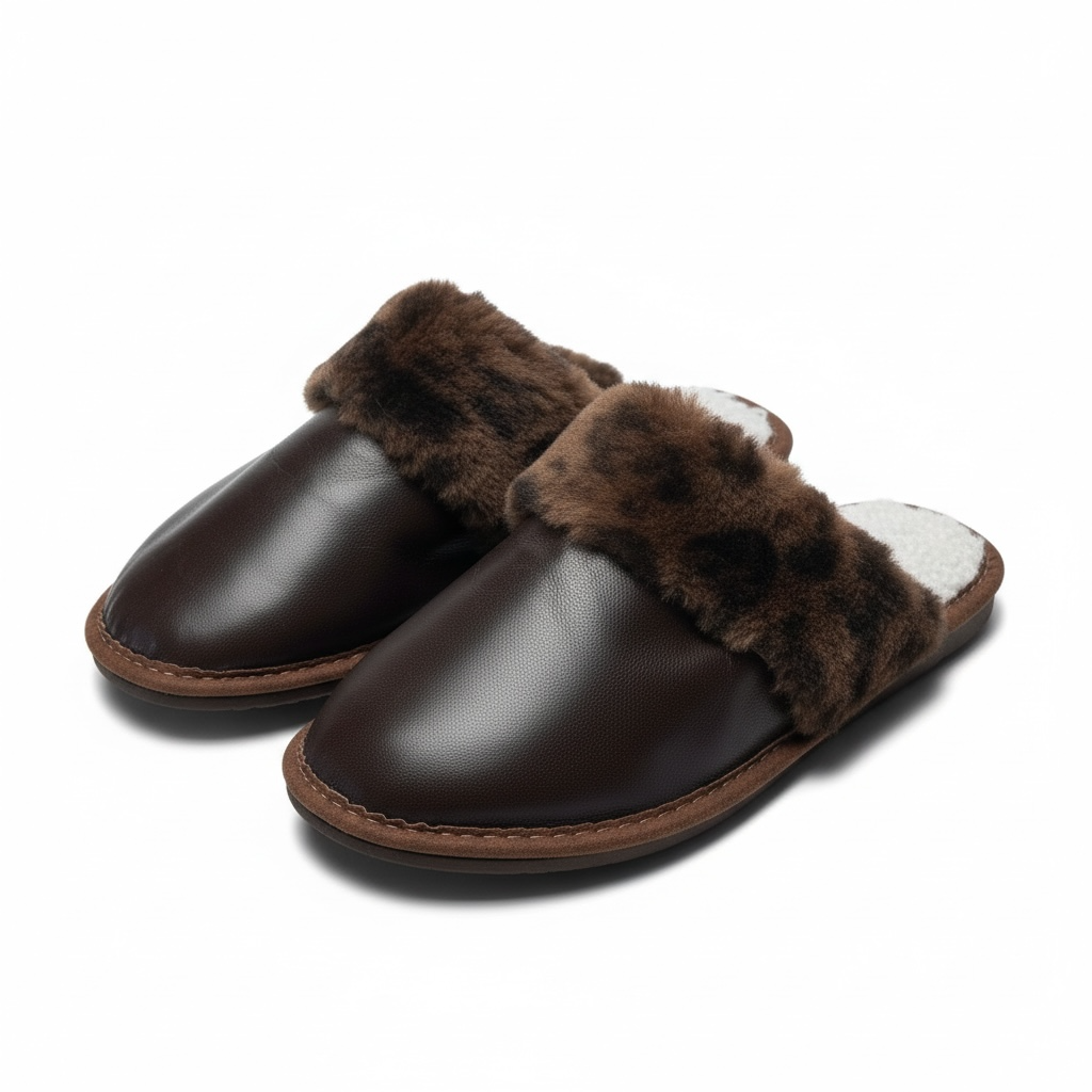 Brown Leather with Fur Trim Slippers