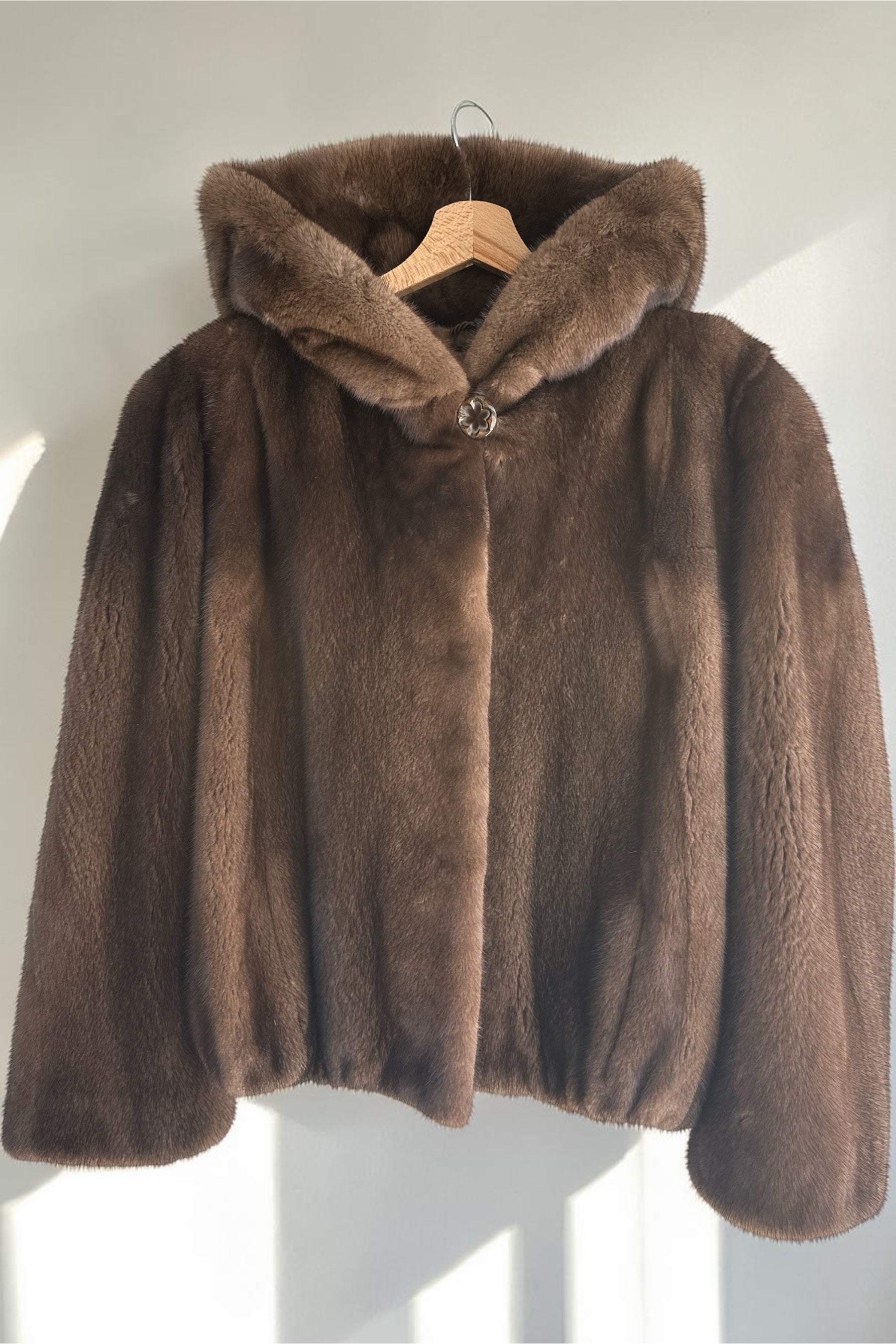 Brown Mink Short Jacket With Hood And Decorative Button