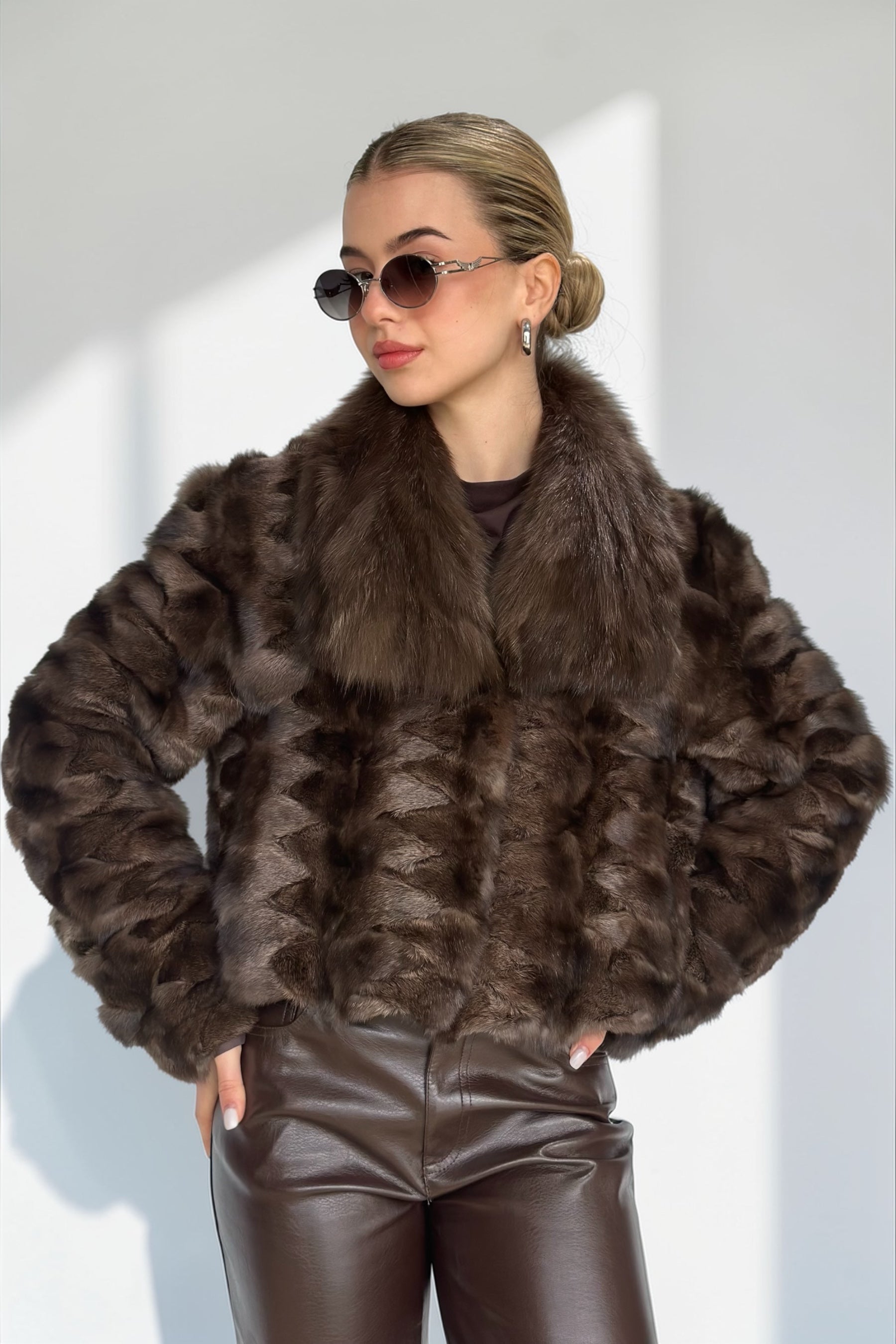 Brown Sable Fur Cropped Shawl Jacket