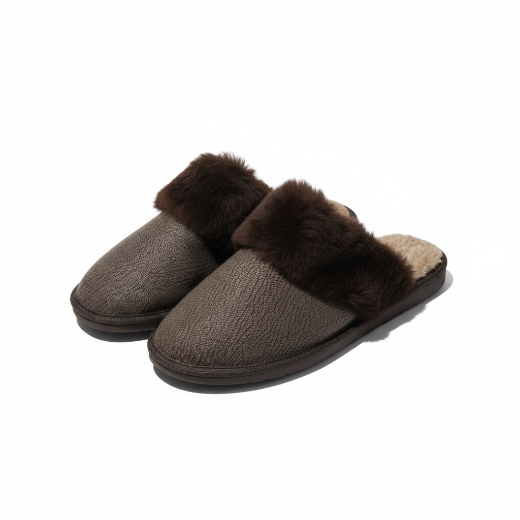 Brown Shearling with Fur Trim Slippers