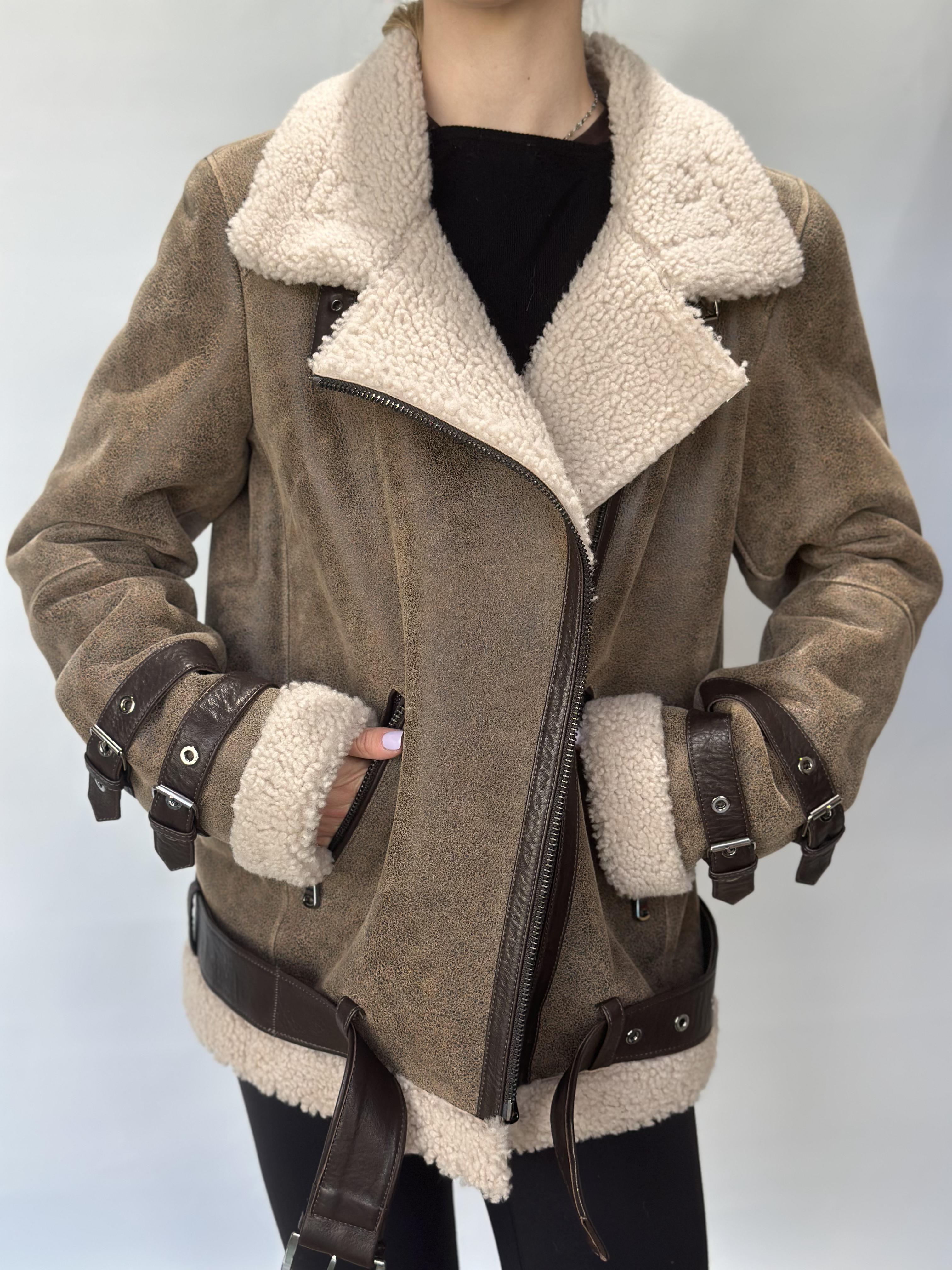 Brown Sheepskin Aviator Jacket Buckle Detail