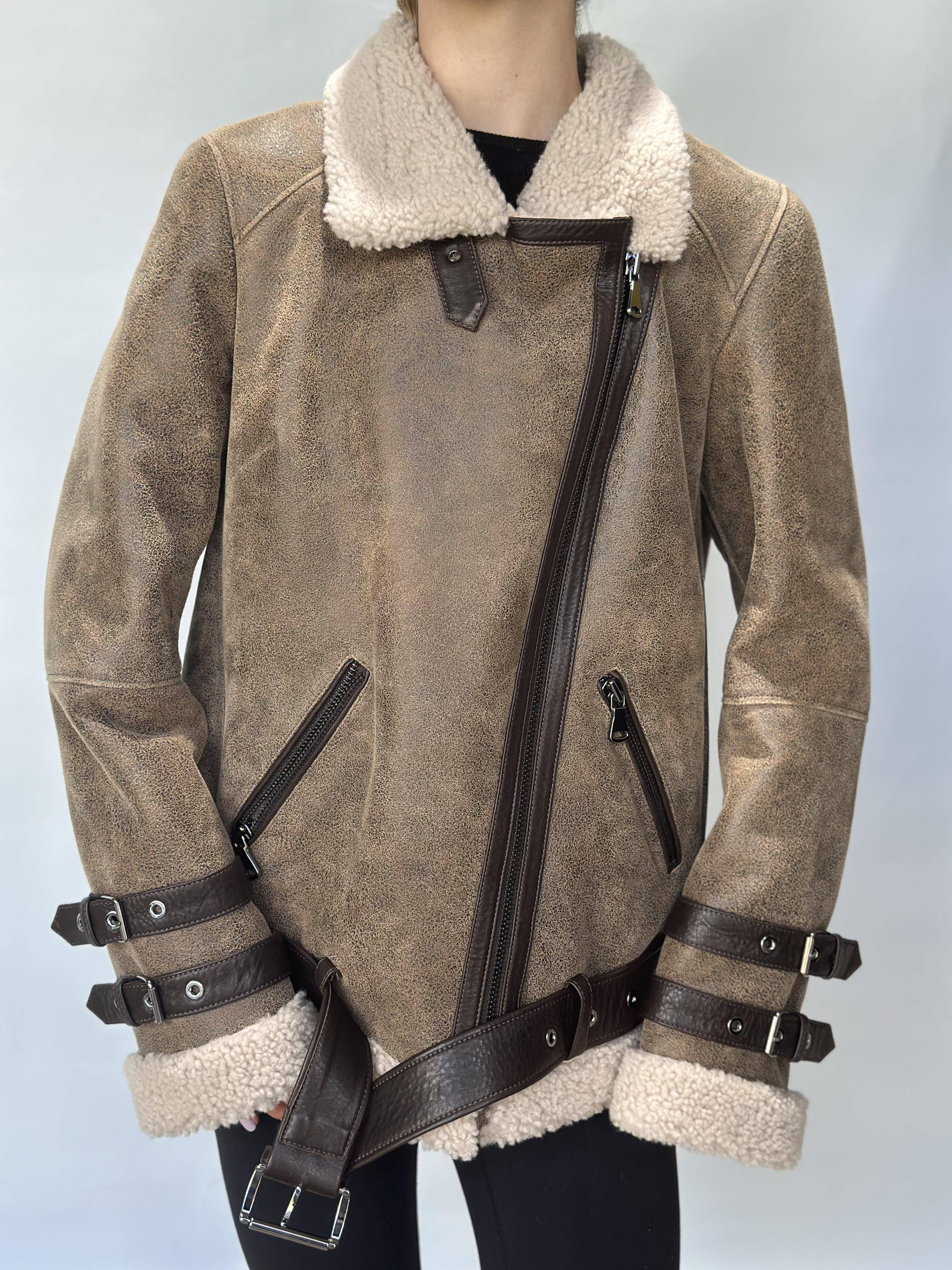 Brown Sheepskin Aviator Jacket Buckle Detail