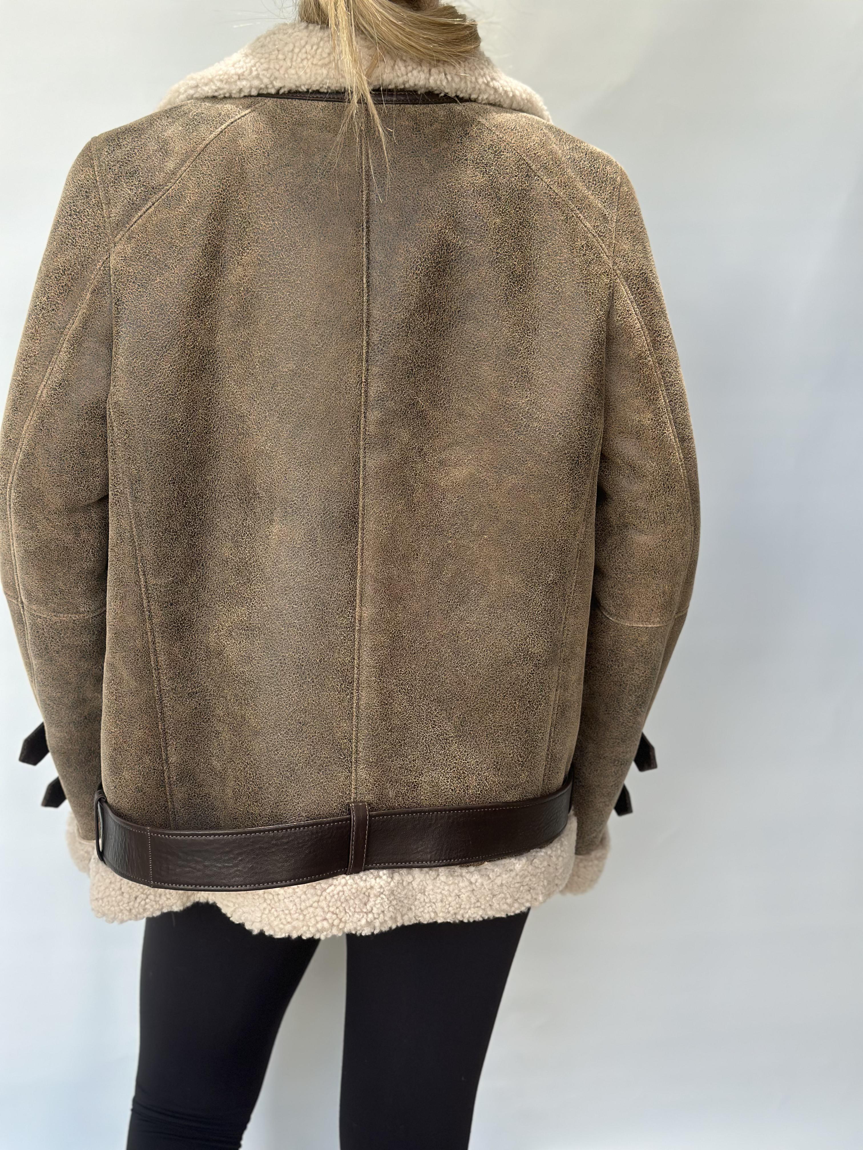 Brown Sheepskin Aviator Jacket Buckle Detail