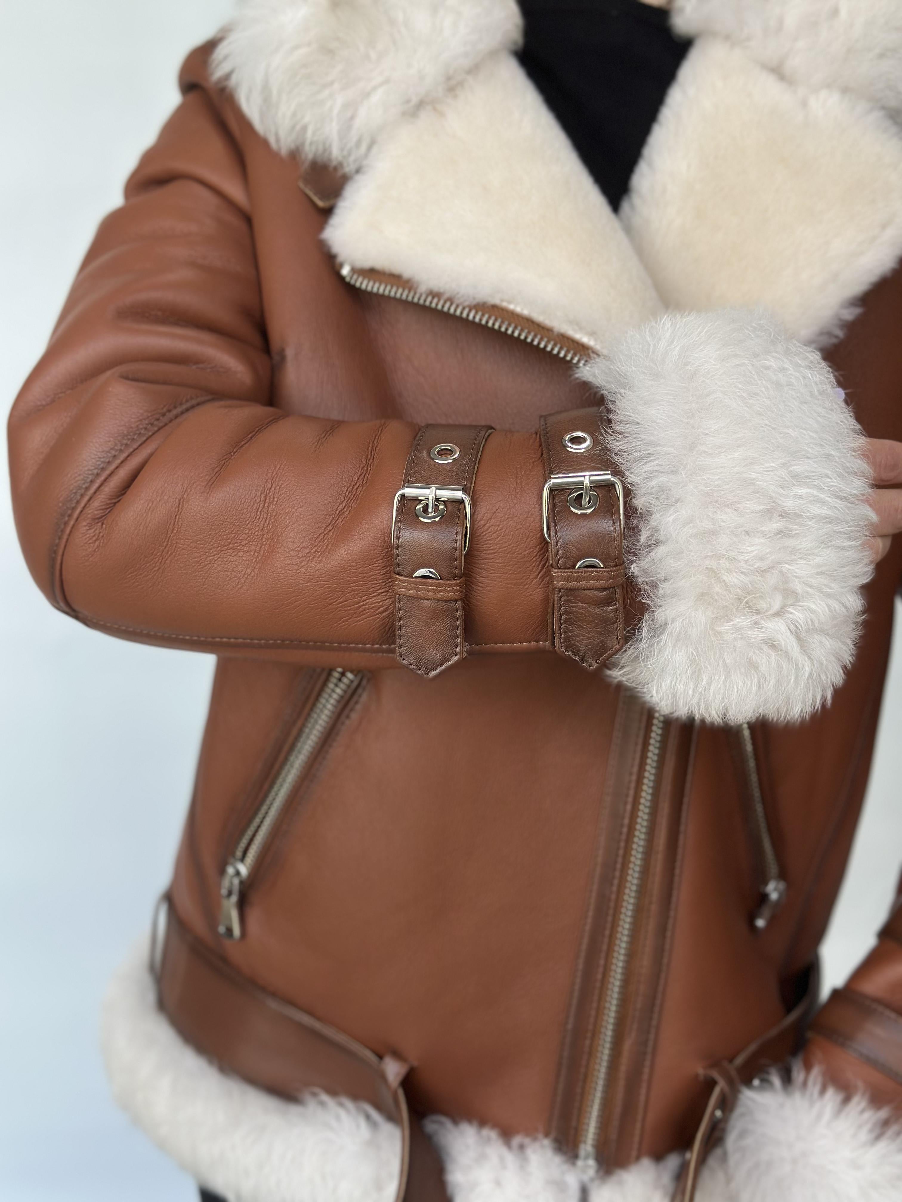 Brown Sheepskin Jacket With Buckle Detail