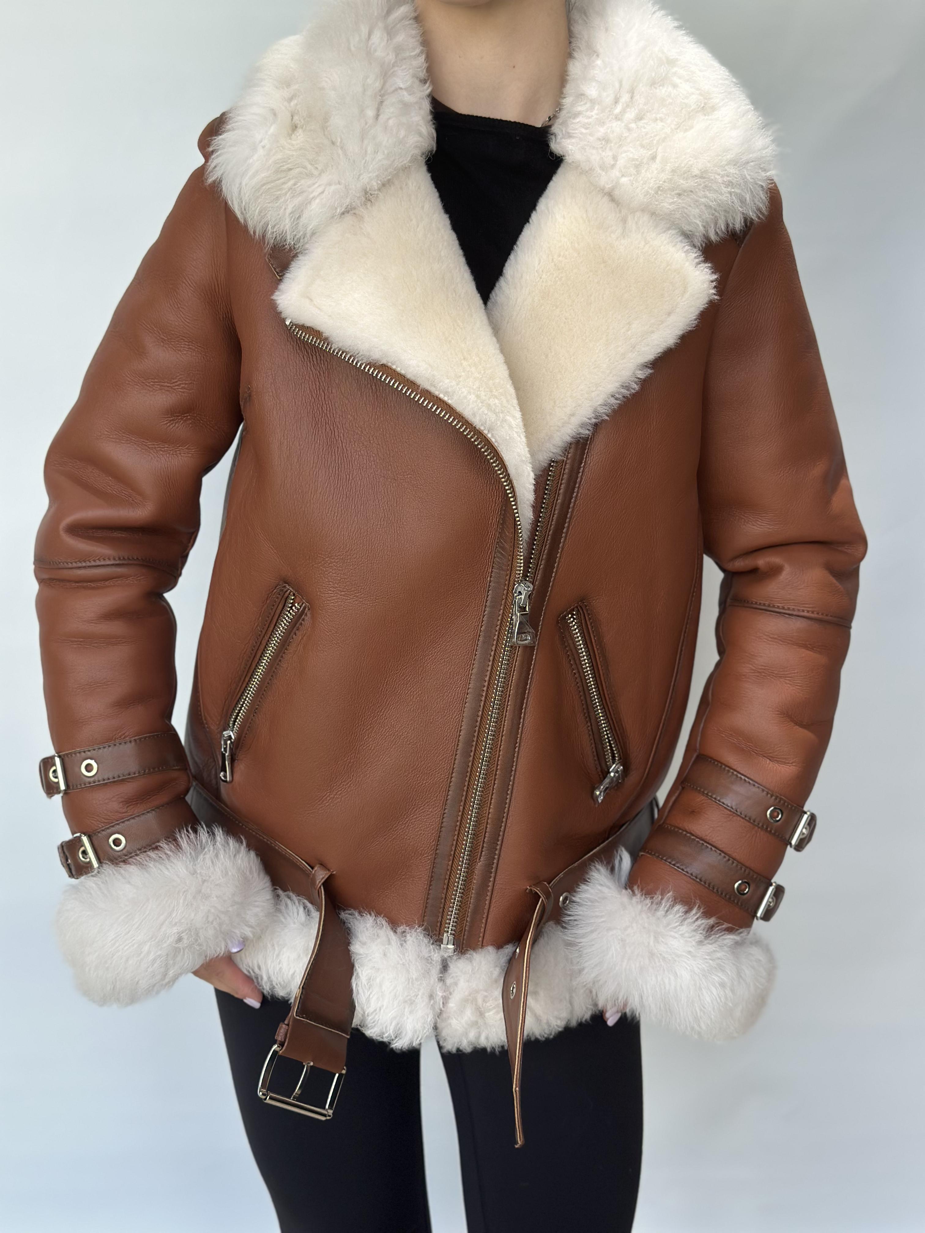 Brown Sheepskin Jacket With Buckle Detail