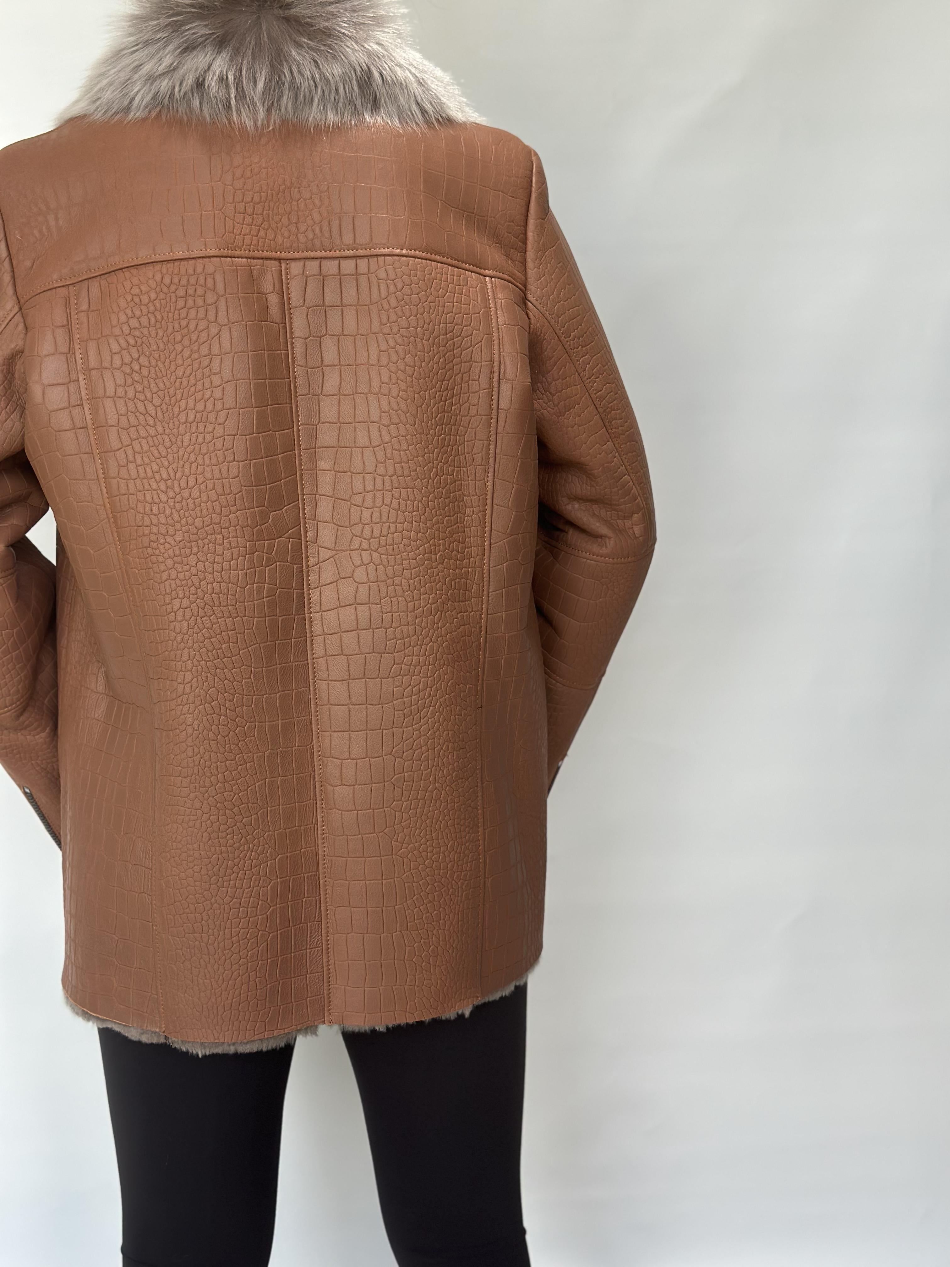 Brown Sheepskin Jacket With Crocodile Embossed Texture