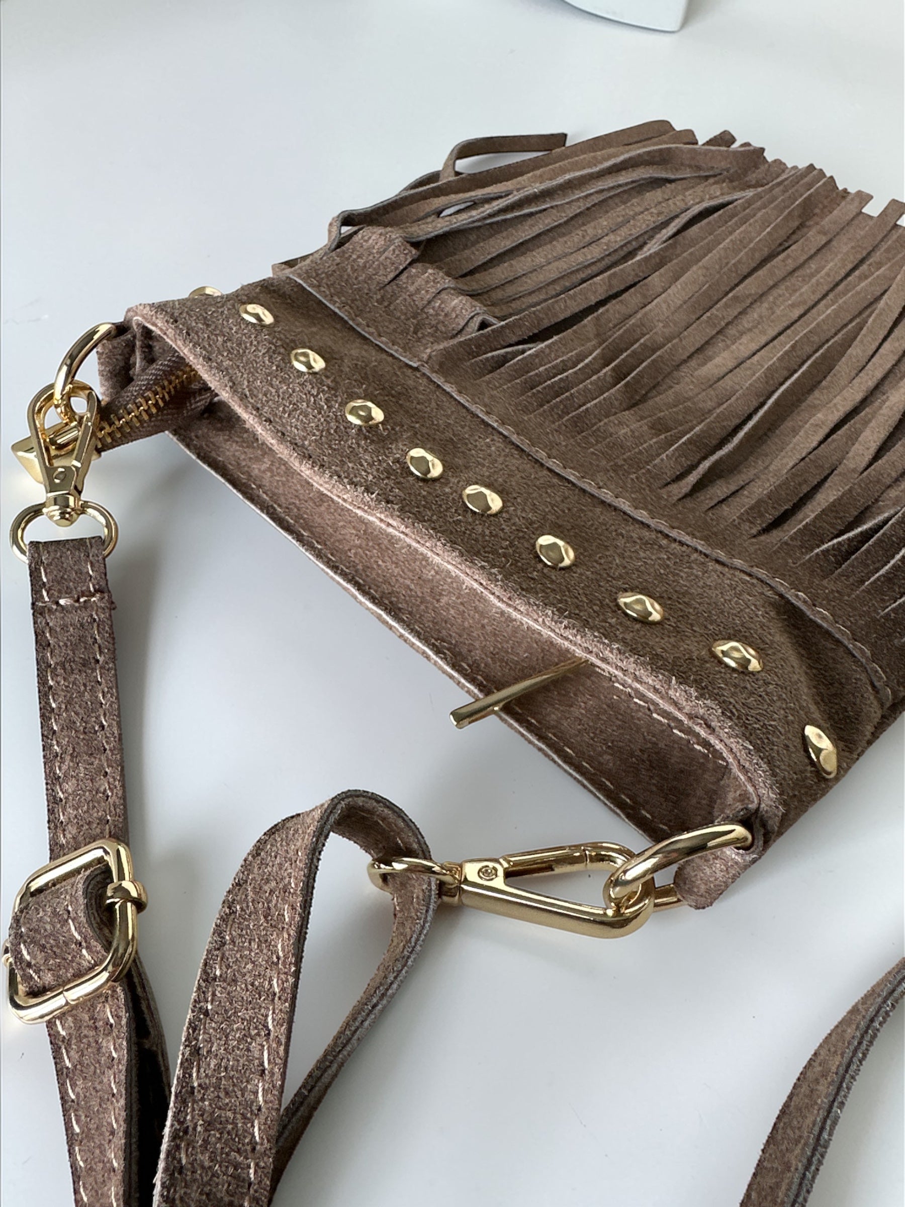Brown Suede Studded Fringe Crossbody Bag
