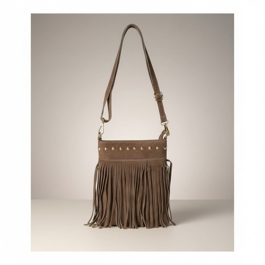 Brown Suede Studded Fringe Crossbody Bag