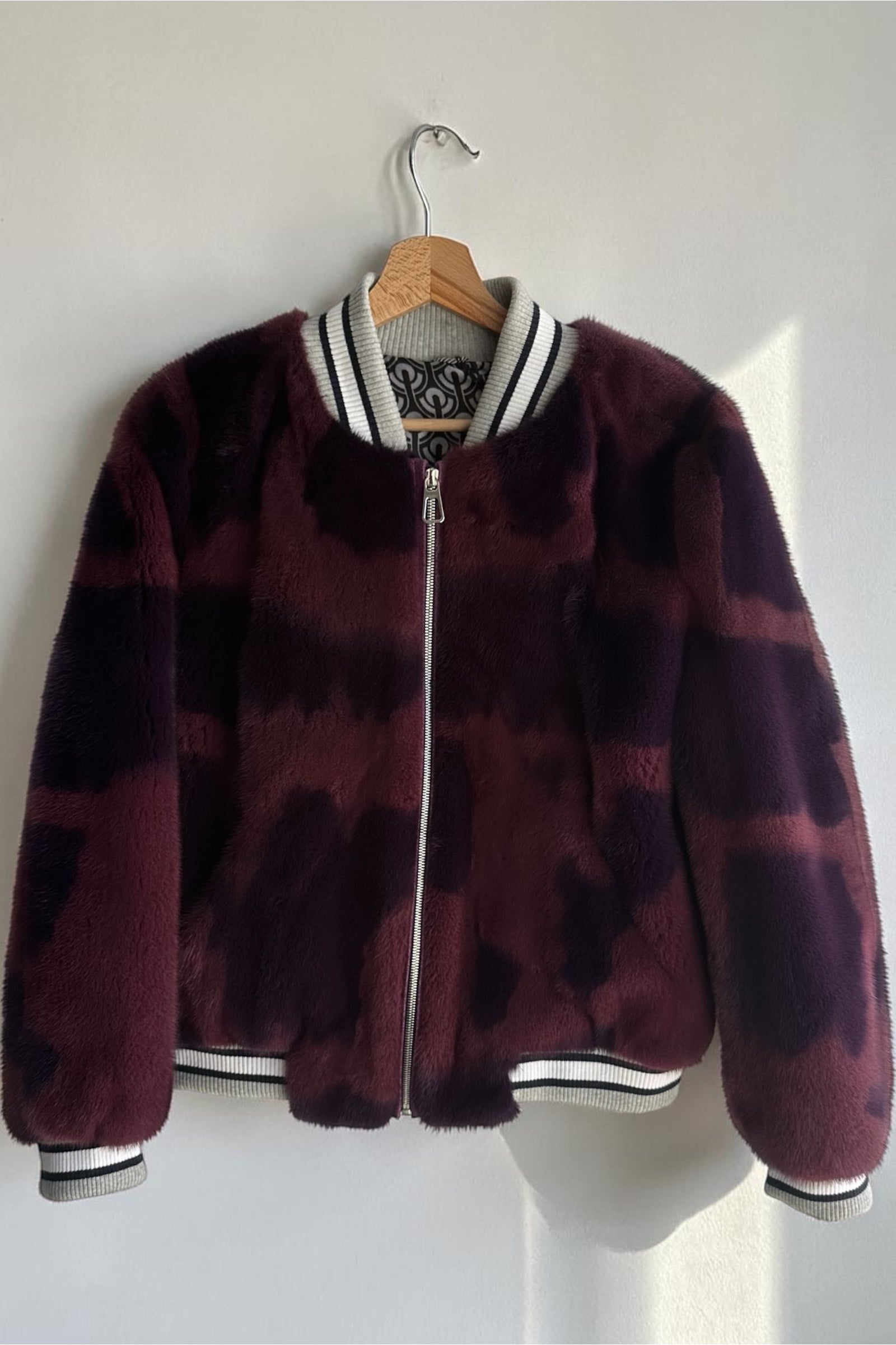 Burgundy And Black Mink Bomber Jacket