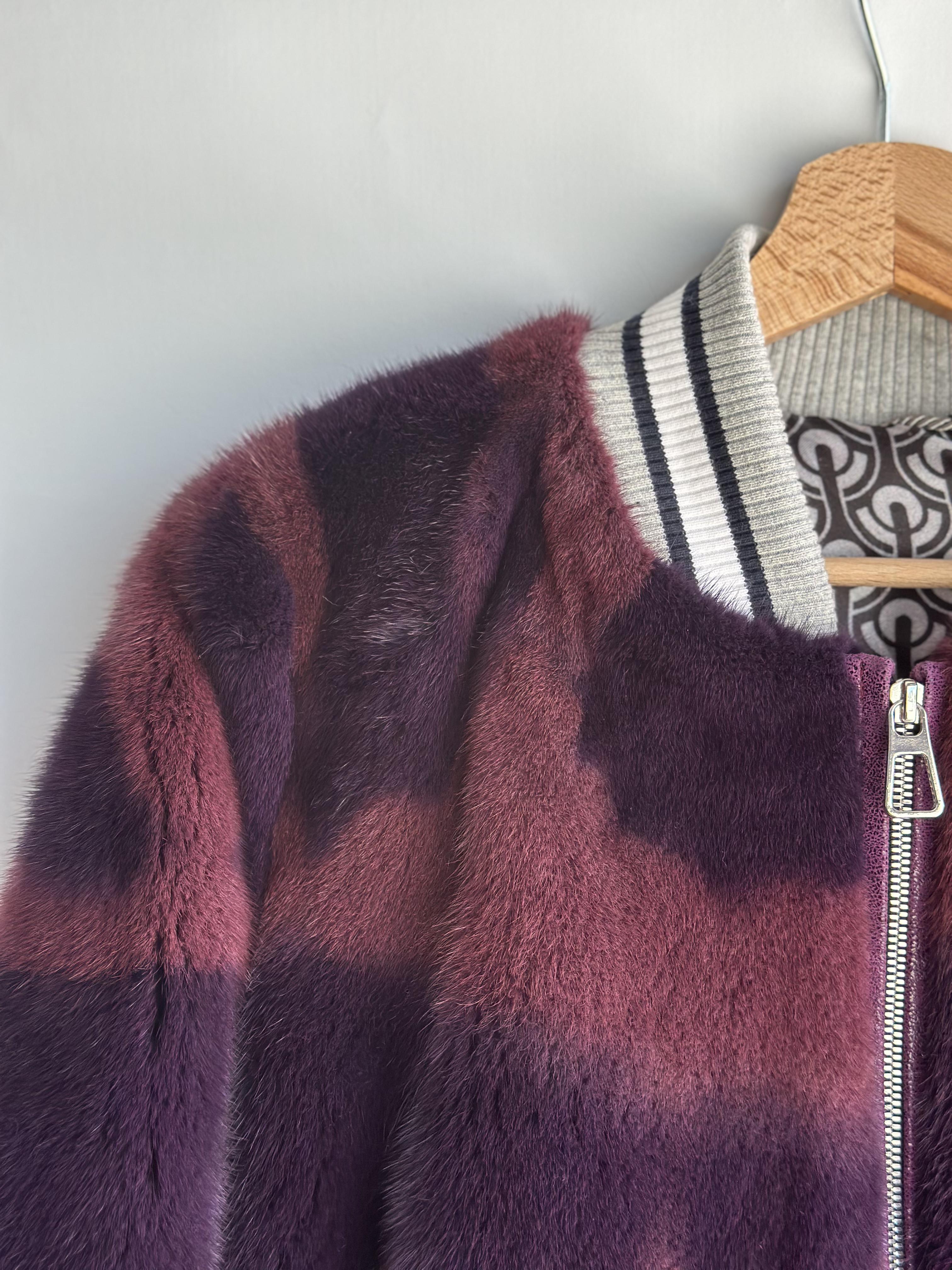 Burgundy And Black Mink Bomber Jacket