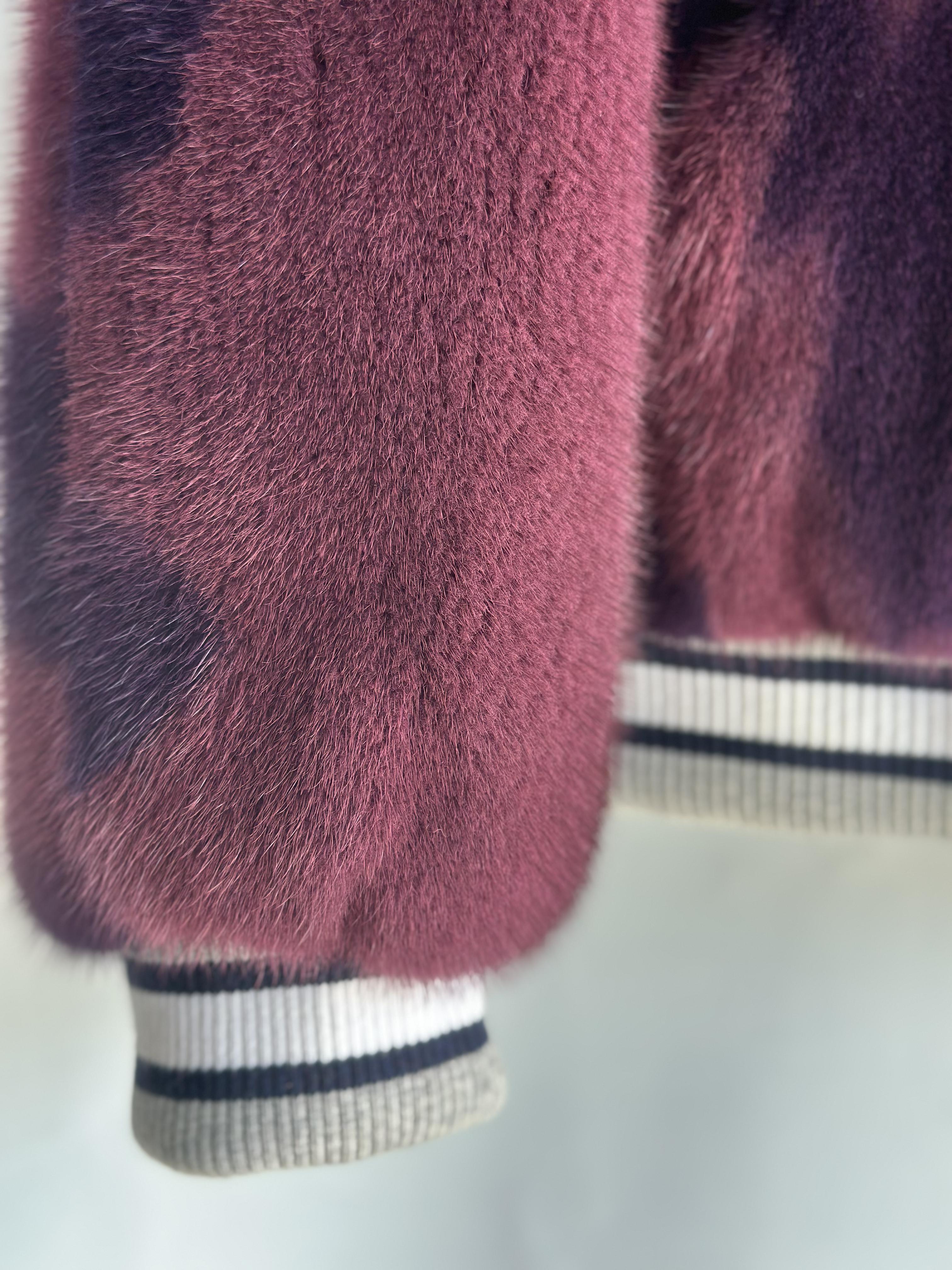 Burgundy And Black Mink Bomber Jacket