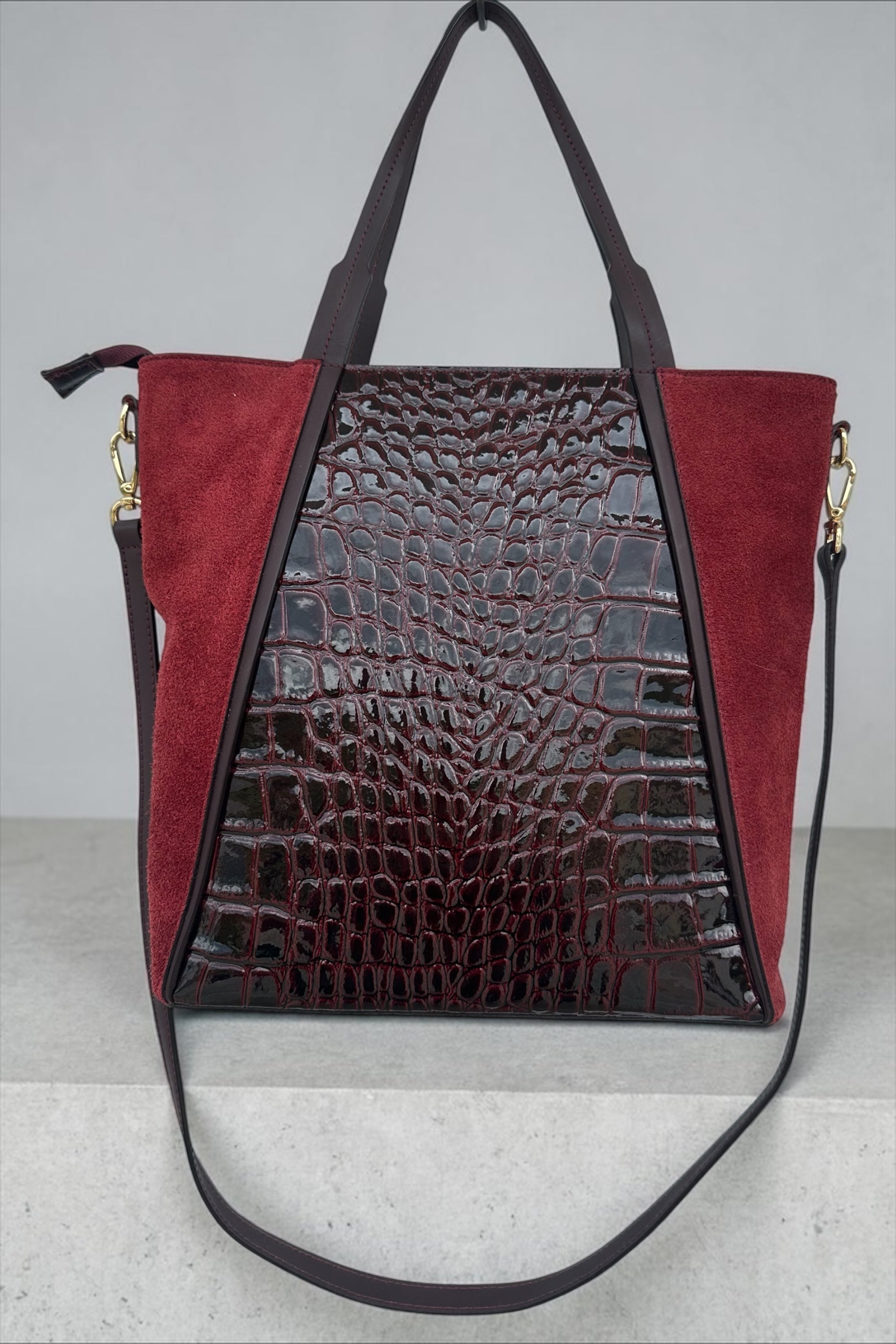 Burgundy Crocodile Embossed Leather Suede Tote Bag