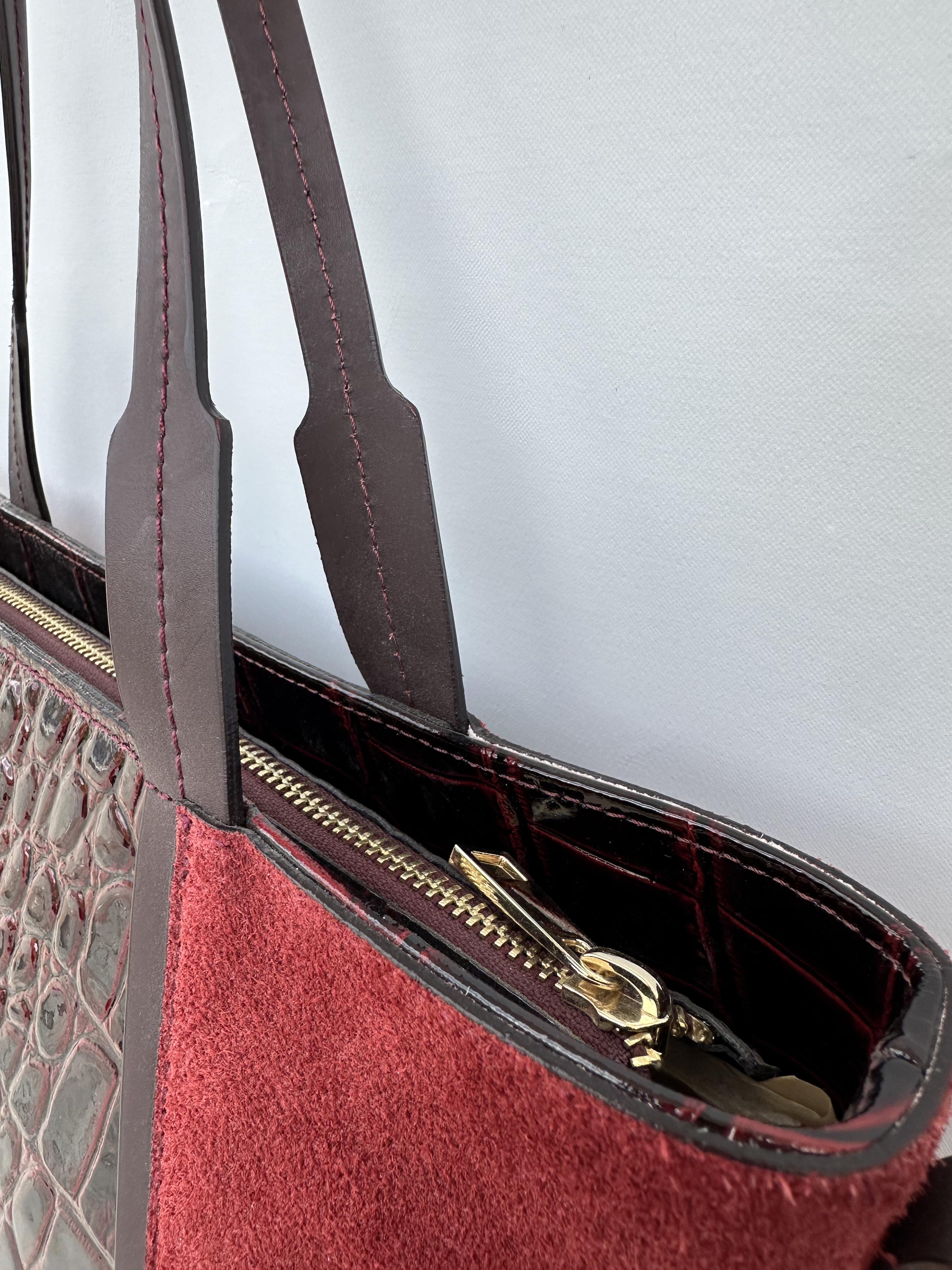 Burgundy Crocodile Embossed Leather Suede Tote Bag
