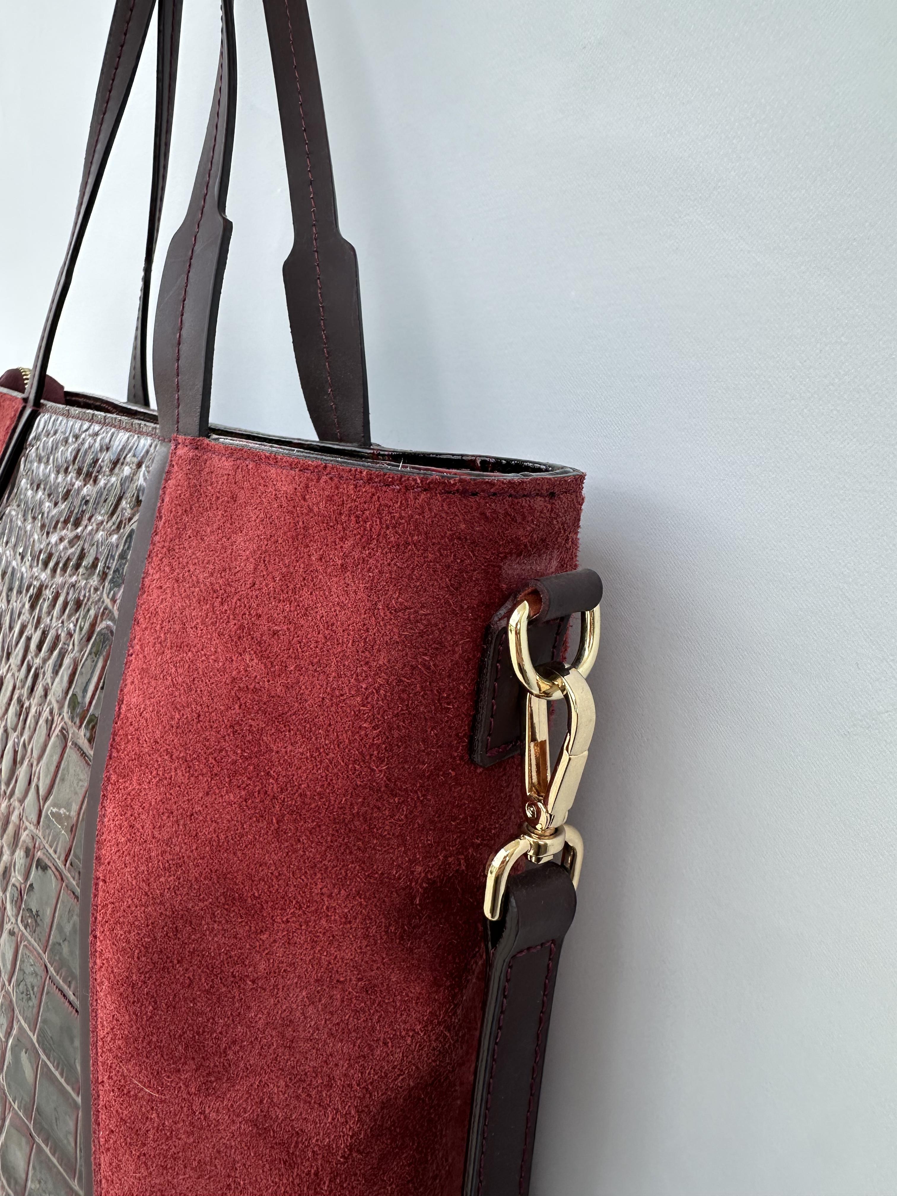 Burgundy Crocodile Embossed Leather Suede Tote Bag