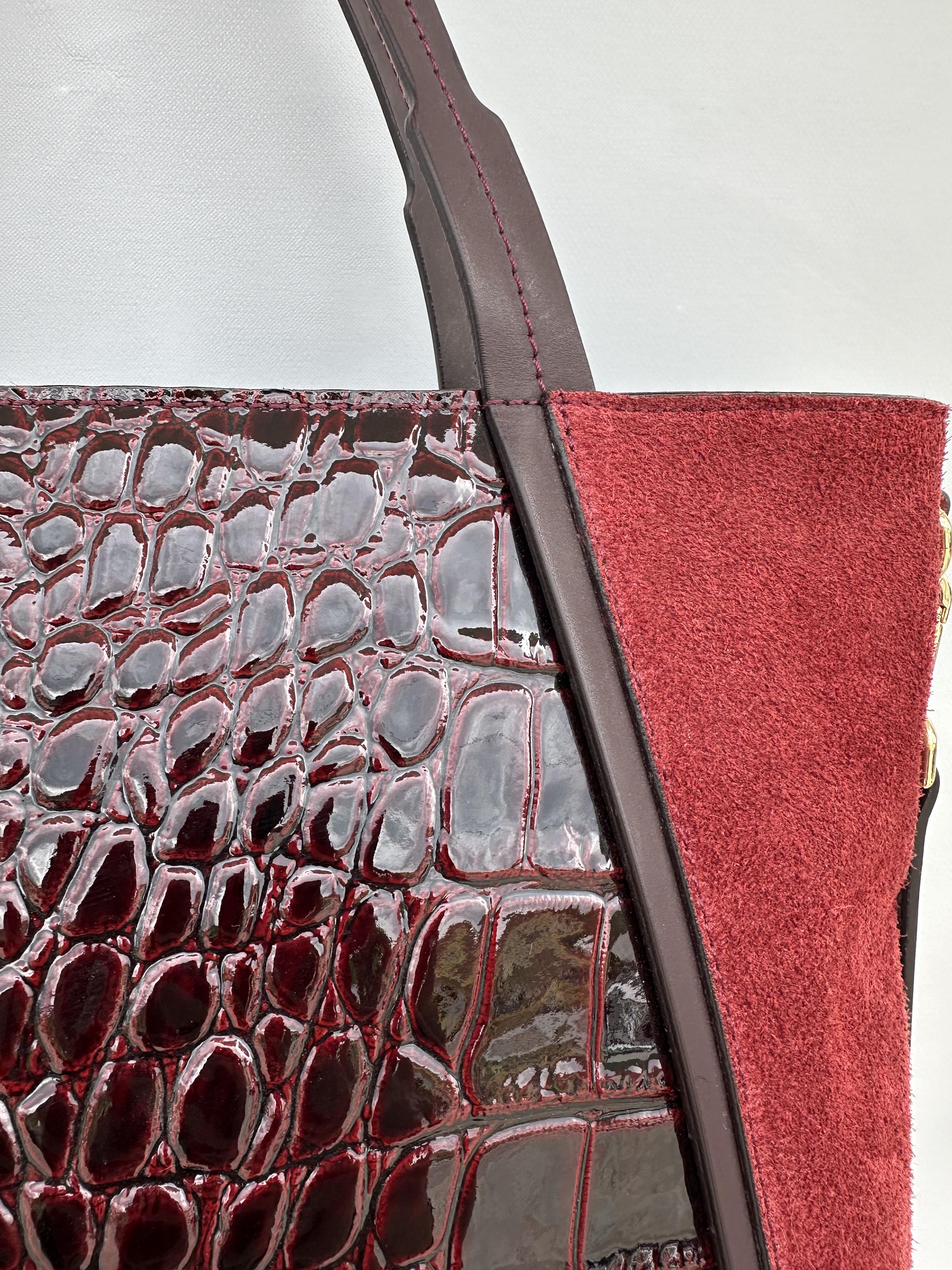 Burgundy Crocodile Embossed Leather Suede Tote Bag