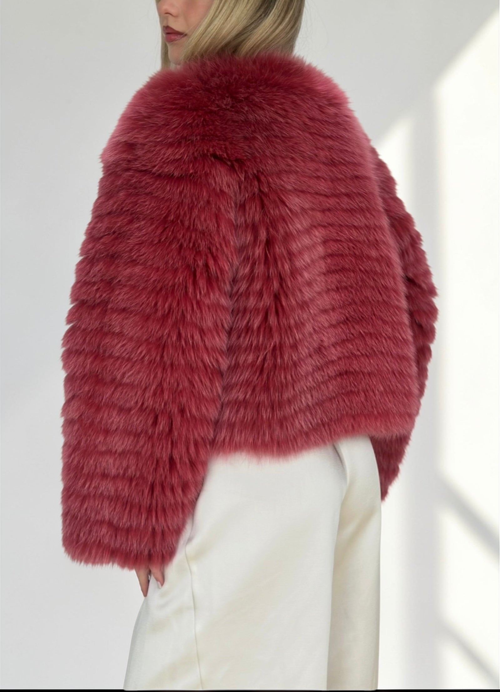 Burgundy Fox Fur Horizontal Stripe Jacket