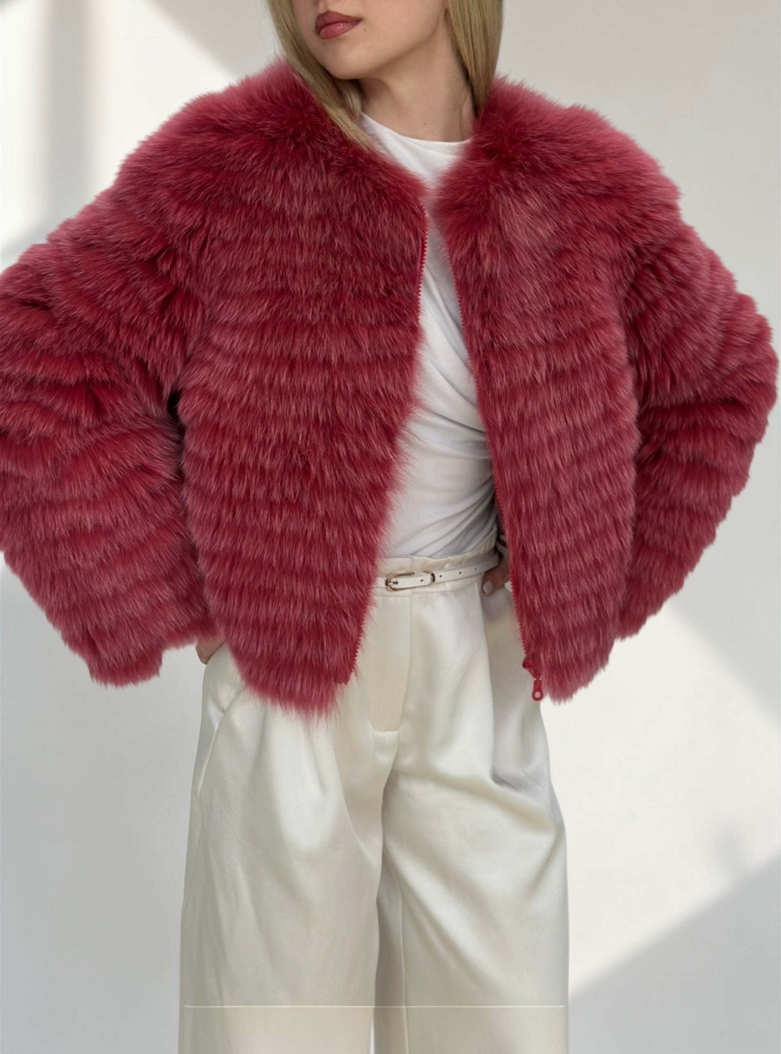 Burgundy Fox Fur Horizontal Stripe Jacket