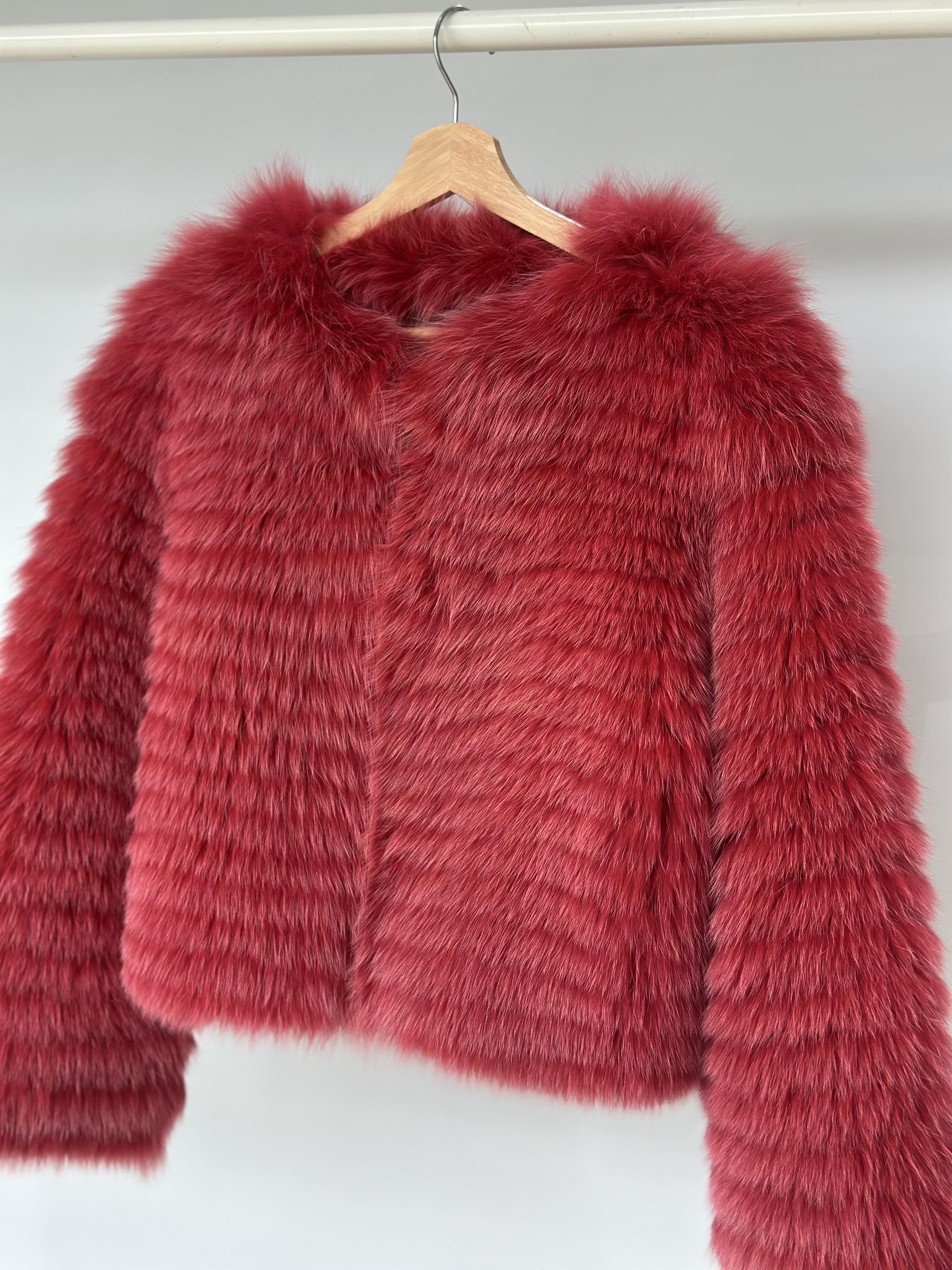 Burgundy Fox Fur Horizontal Stripe Jacket