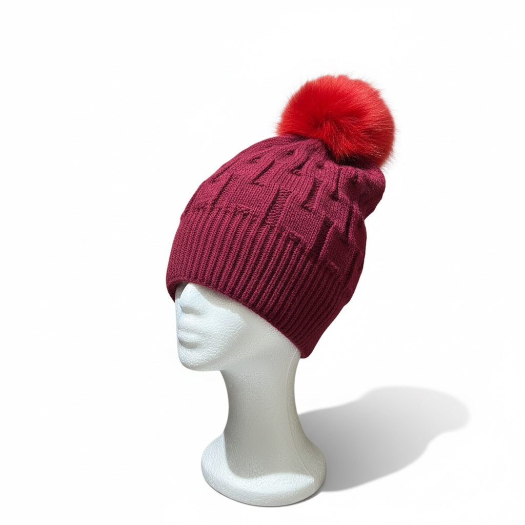 Burgundy Knitted Beanie with Red Fox Fur Pompom