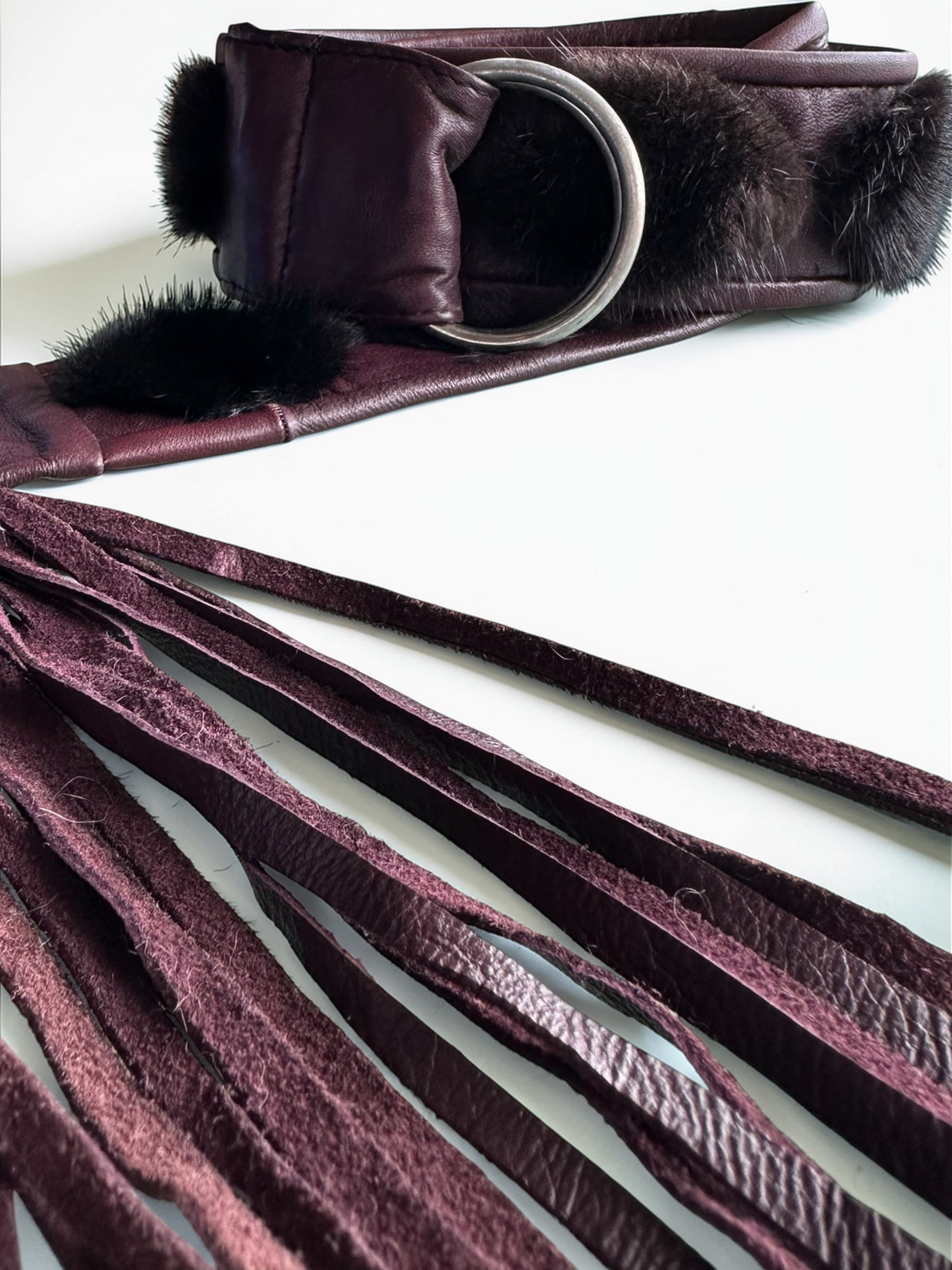 Burgundy Leather Belt with Mink Fur Details