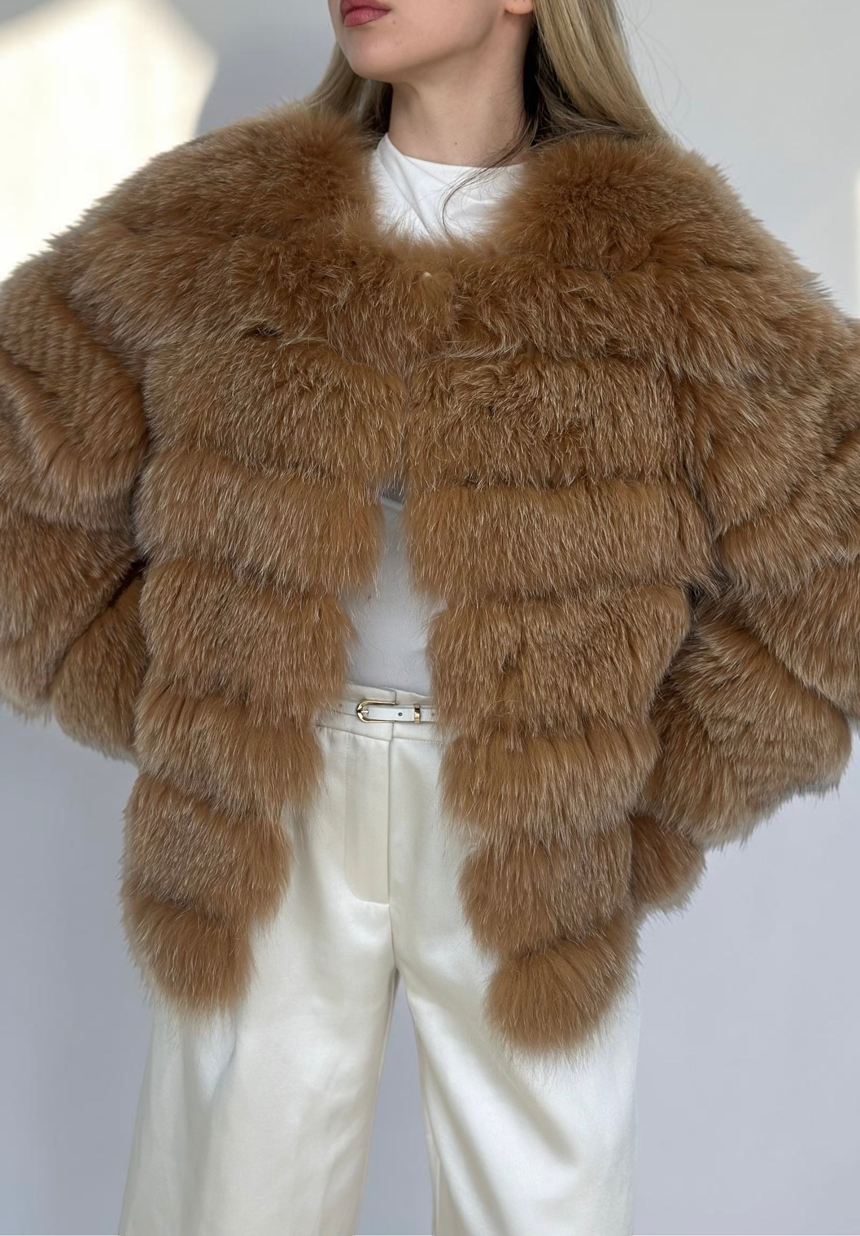 Caramel Fox Fur Horizontal Stripe Jacket