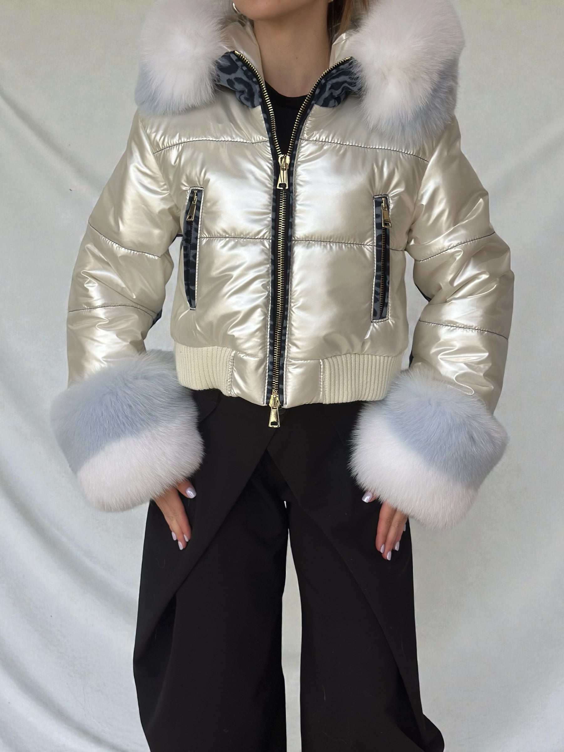 Champagne Puffer Jacket Fur Cuffs Hood